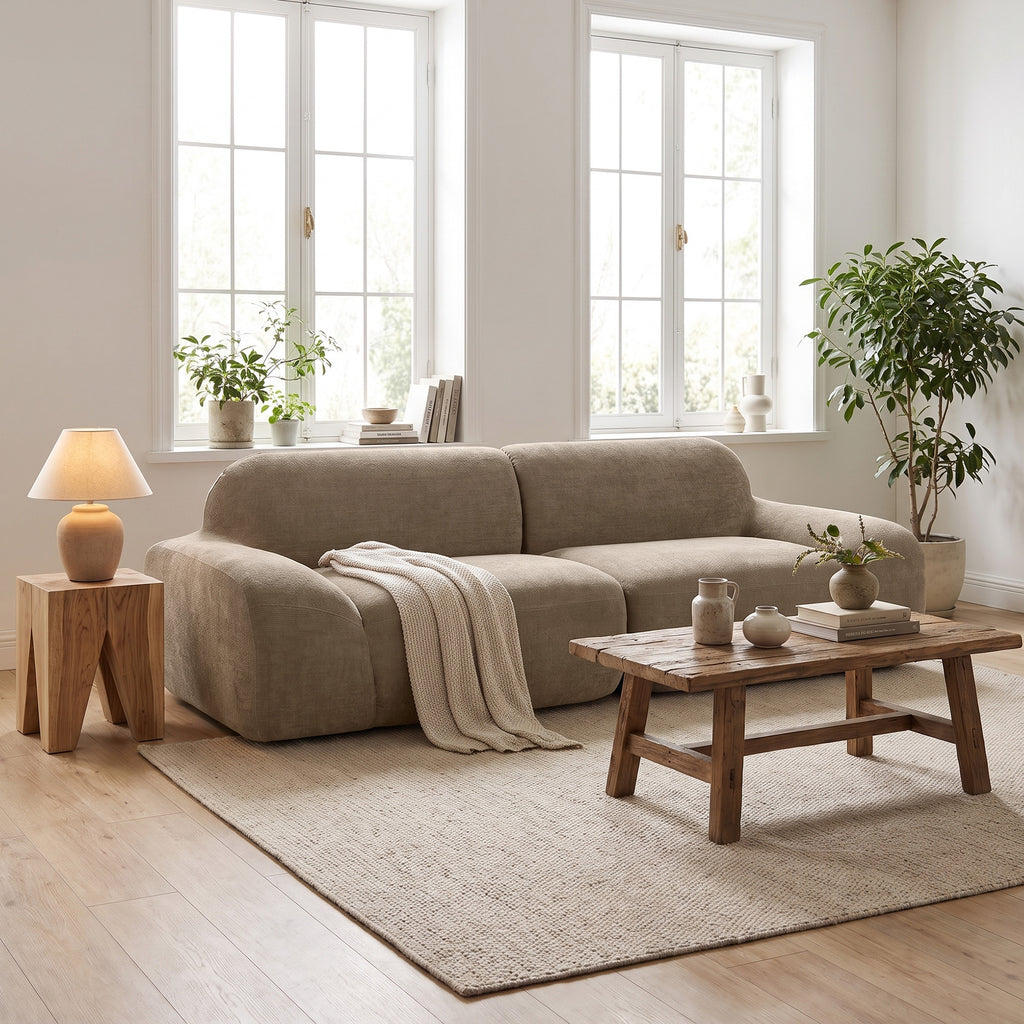 Canapé 3 Places en Chenille 244 cm, Canapé Salon Moderne, Assise et Accoudoirs Larges, Ressorts Ensachés, Marron Clair-9