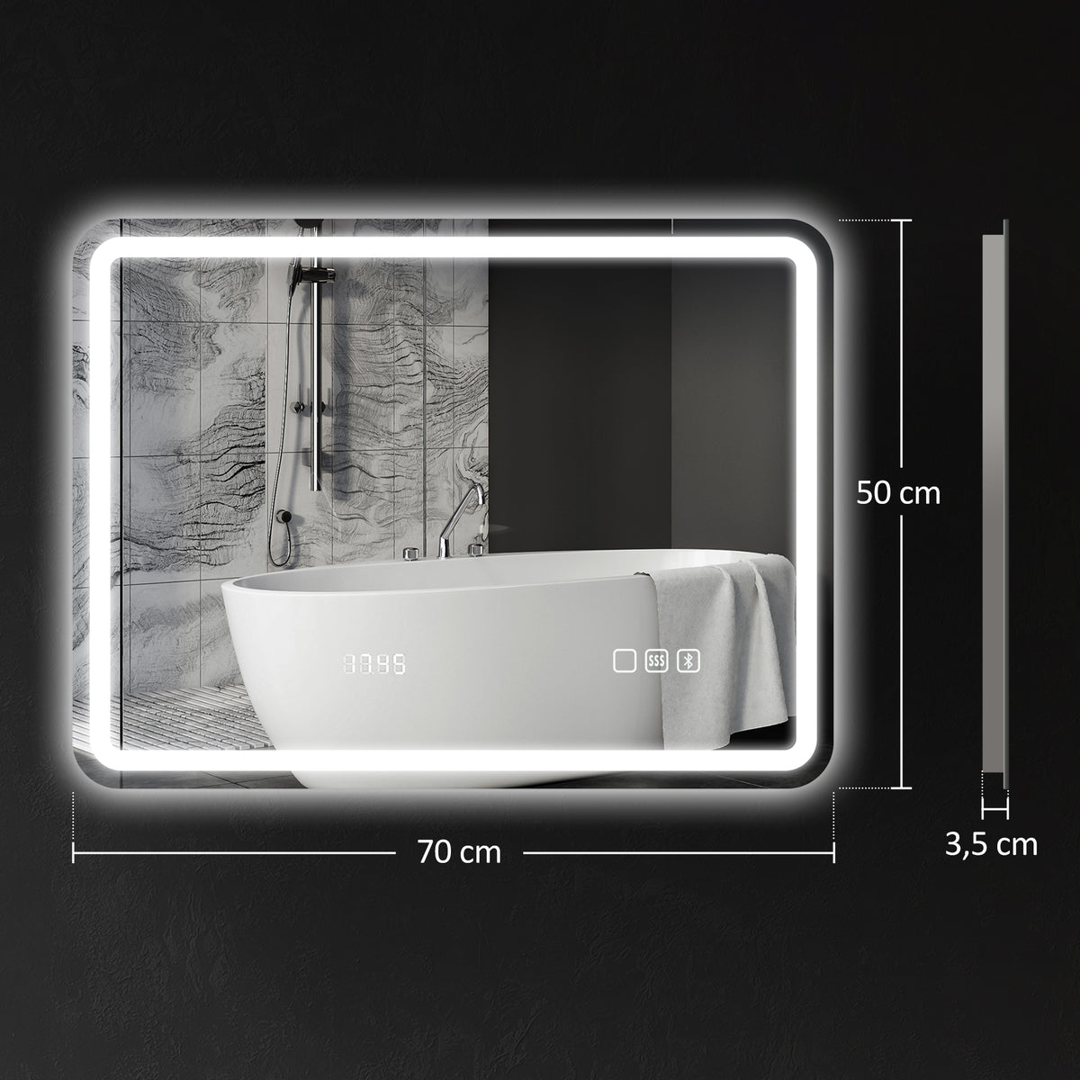 Miroir salle de bain Bluetooth avec éclairage LED 50 x 70 cm, miroir lumineux mural avec horloge, antibuée, argenté-2