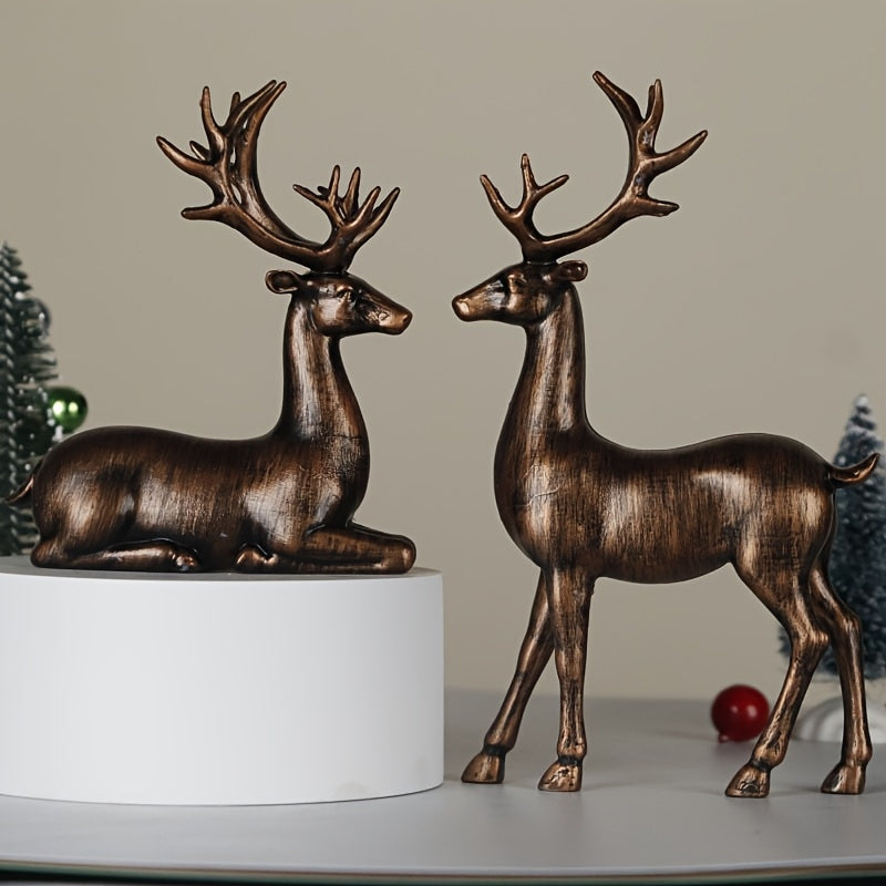 Bronze Elk Figurine Pair Christmas Decoration-1