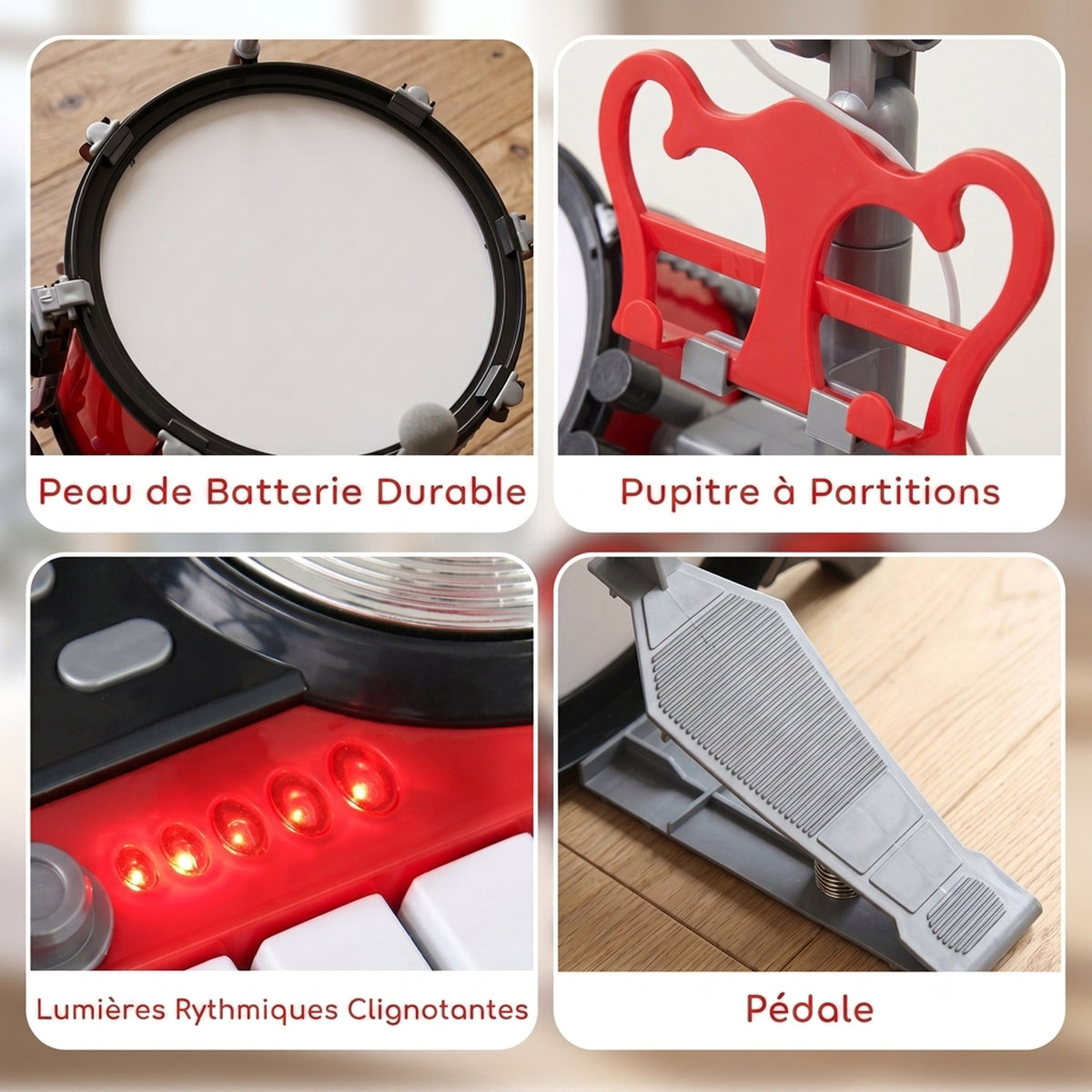 Kit de Batterie pour Enfants avec Tabouret, Clavier Électronique, Microphone, Connecté via USB, 77,5x40x76,5cm, Rouge