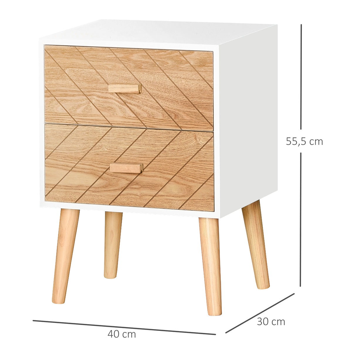 Skandináv 4 fiókos komód és éjjeliszekrény – Fehér, bükkhatású (56 cm)