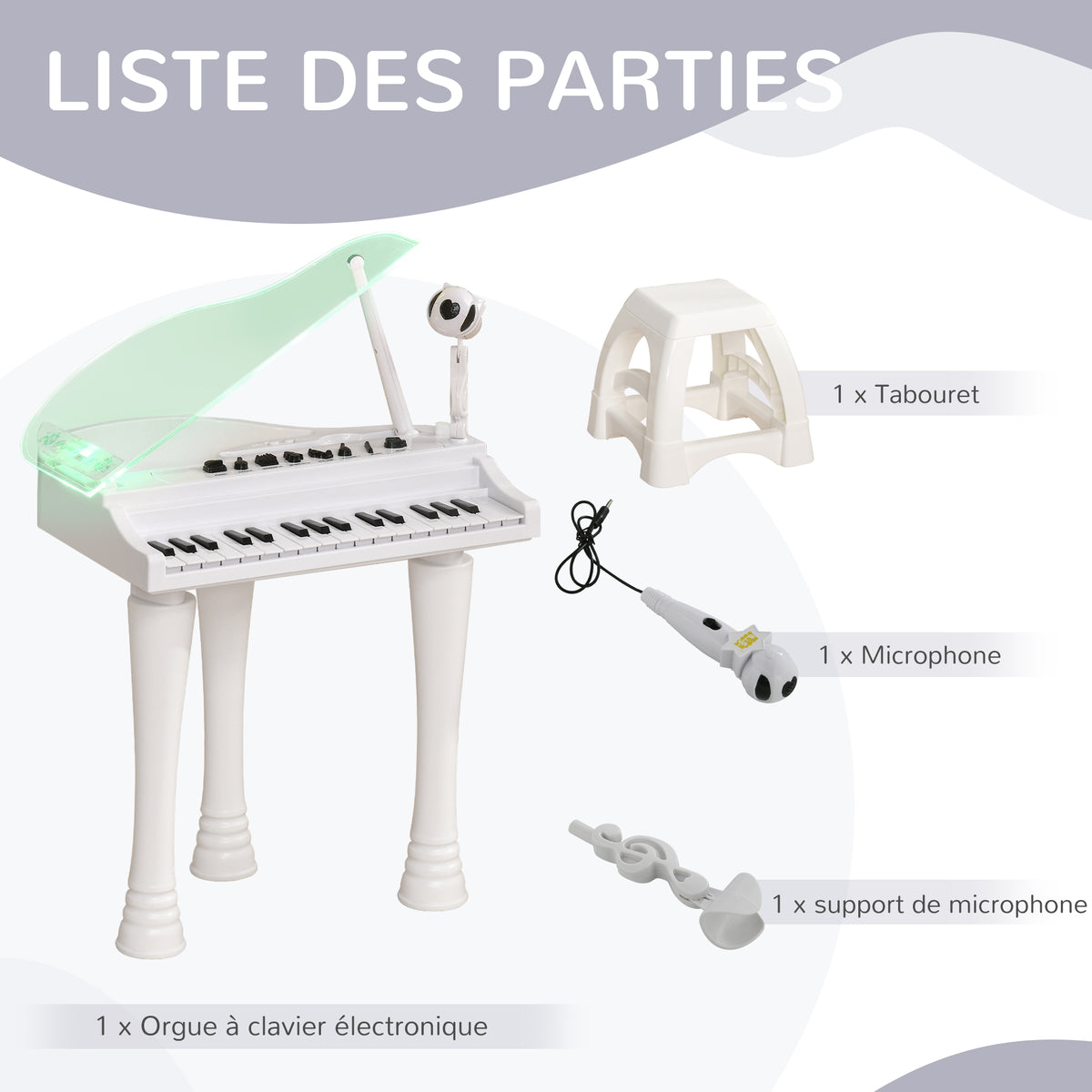 Piano enfant électronique 32 touches multifonctions avec micro haut parleur tabouret couvercle lumineux LED blanc