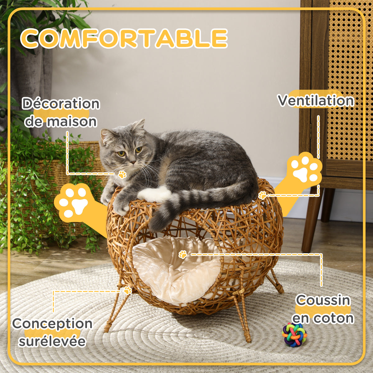 Niche pour chat lit pour chat panier chat maison de chat en rotin coussin épais Ø 40 x 32 cm marron clair-5
