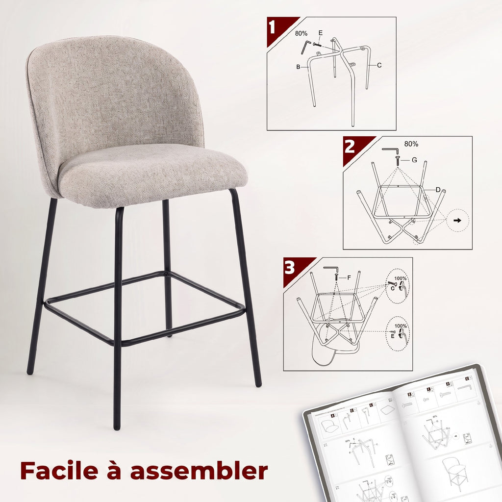 Lot de 2 Tabourets de Bar, Chaises de Bar, Repose-Pieds et Dossier, Tissu Effet Lin, Hauteur d'Assise 68cm, Gris Clair-6