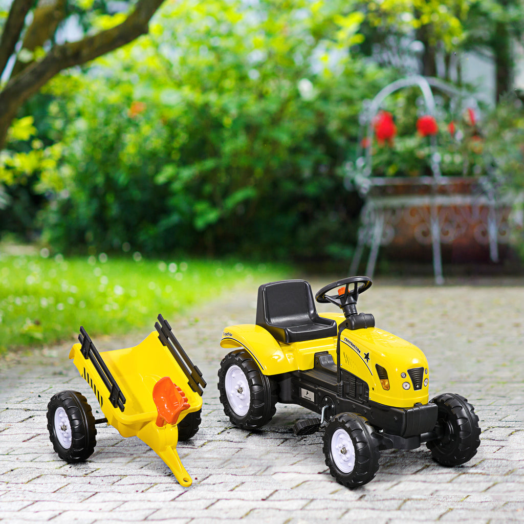 Porteur tracteur enfants avec remorque, râteau et pelle, tracteur à pédales 6 roues, charge 35 kg, pour 3+ ans, jaune