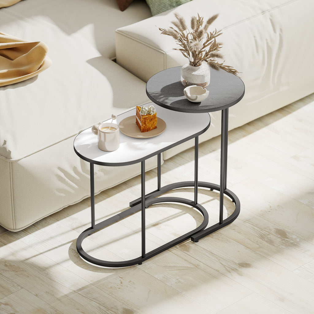 Lot de 2 tables basses gigognes, tables d'appoint empilable style contemporain, cadre en métal gris et blanc-6