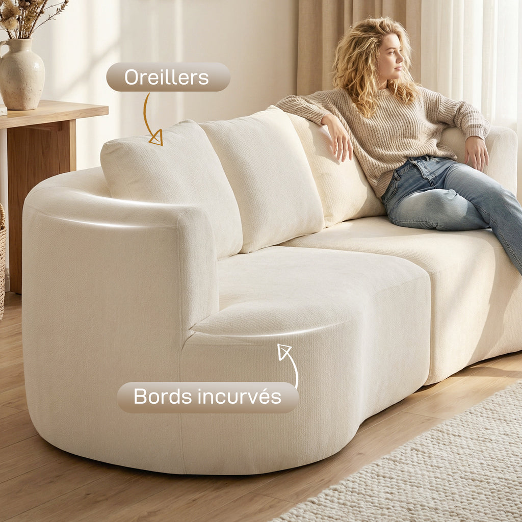 Canapé 3 places en chenille 260 cm, canapé salon, assise large, 3 coussins, pas de montage nécessaire, crème