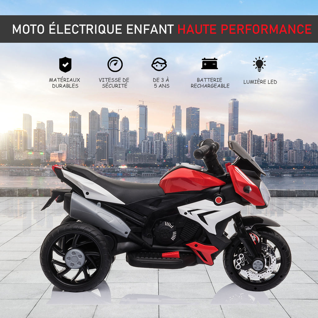 Moto électrique enfants 3 roues 6 V, voiture électrique enfants avec effets lumineux et sonores, vitesse 3 km/h, pour 3 à 5 ans, charge 25 kg, noir et rouge