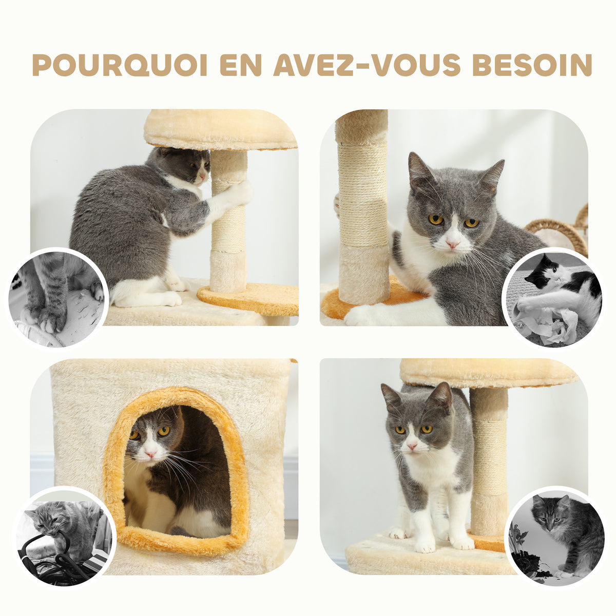 Arbre à Chat 72 cm, Perchoir Doux, Plateforme en Forme de Poisson, Niche en Peluche, Poteaux en Sisal, Balle, Beige-6