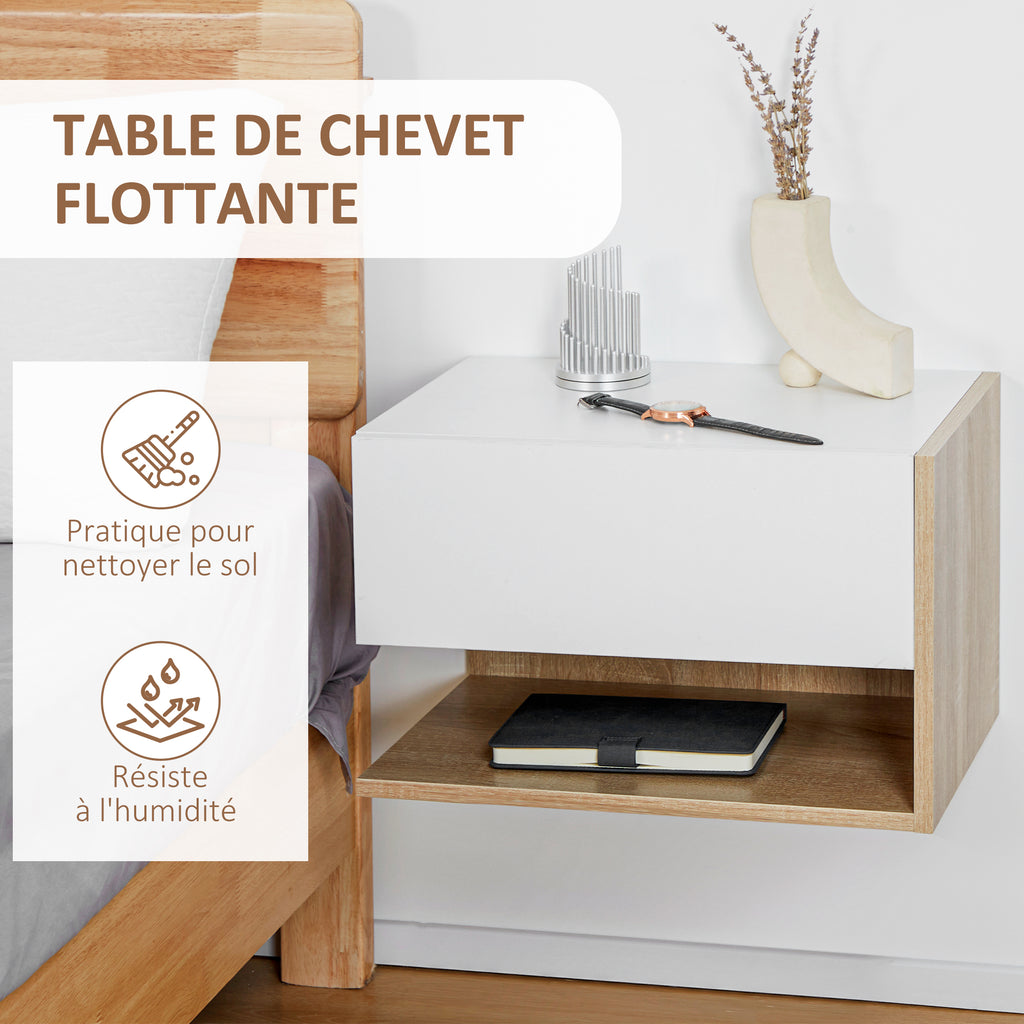 Lot de 2 Tables de Chevet murales - Lot de 2 Tables de Nuit - tiroir Coulissant, étagère, Bicolore Aspect chêne Blanc-3