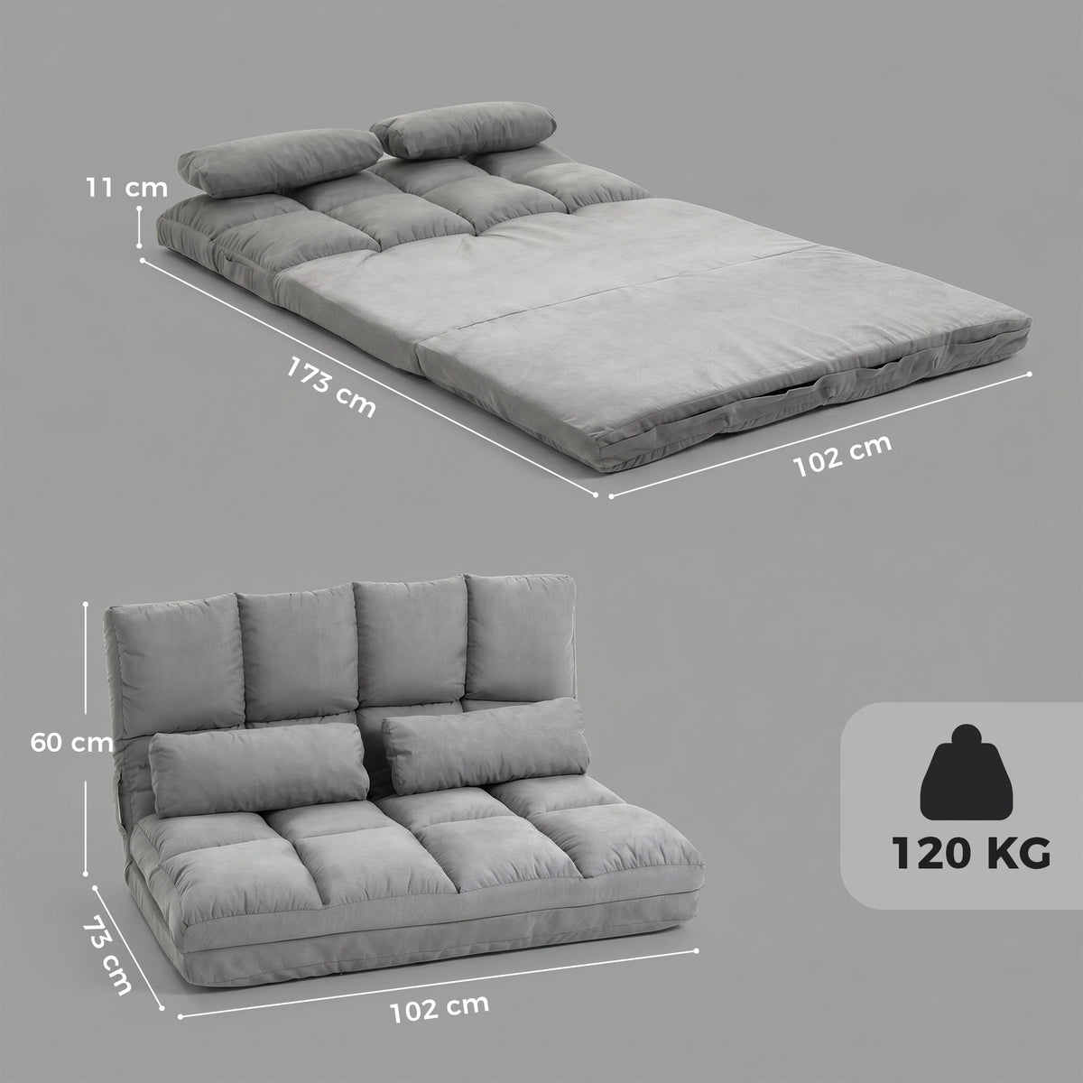 Chauffeuse 2 places canapé-lit convertible fauteuil de sol pliable dossier réglable 2 coussins inclus en polyester aspect suédé, pour salon, chambre et bureau, gris-2