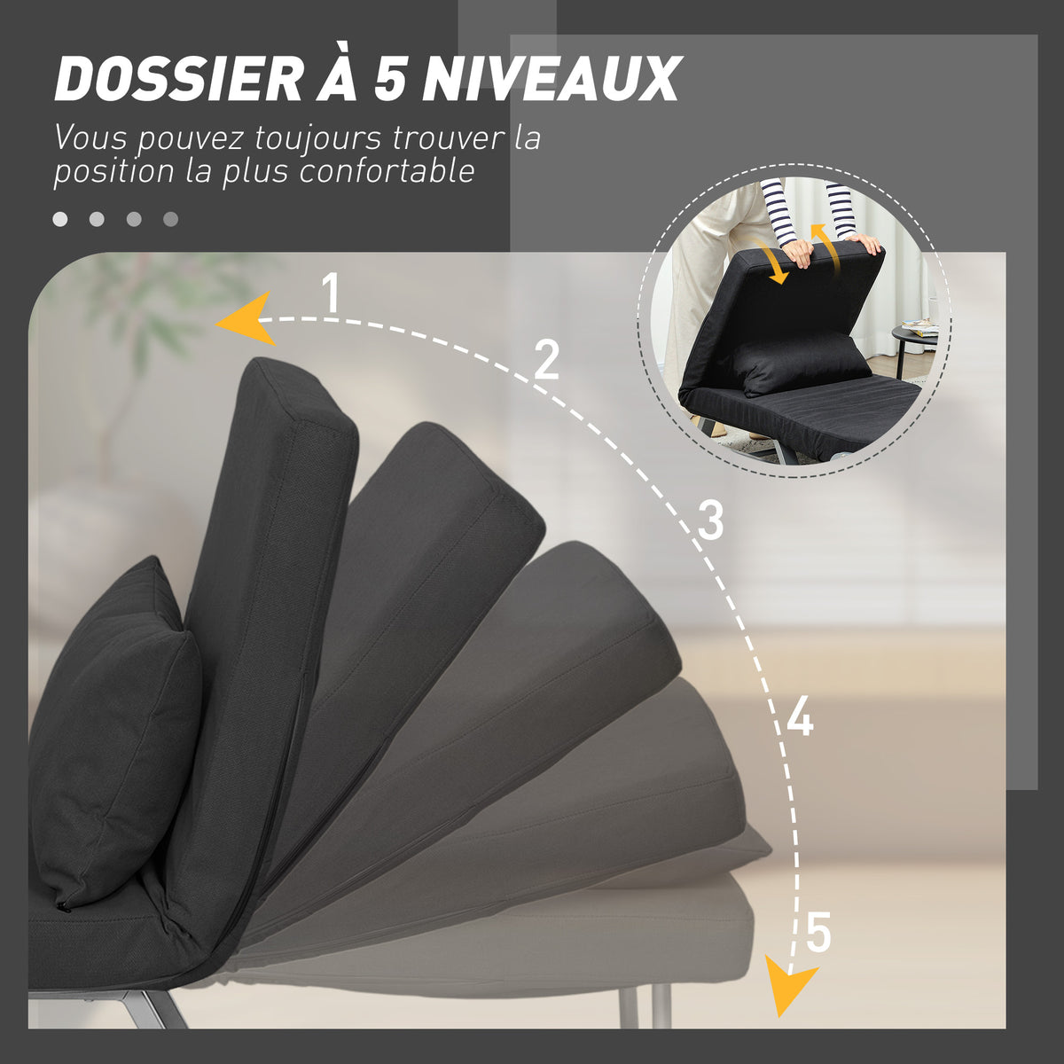 Fauteuil chauffeuse canapé-lit Convertible inclinable 1 Place Coussin lombaires accoudoirs piètement métal Lin Noir