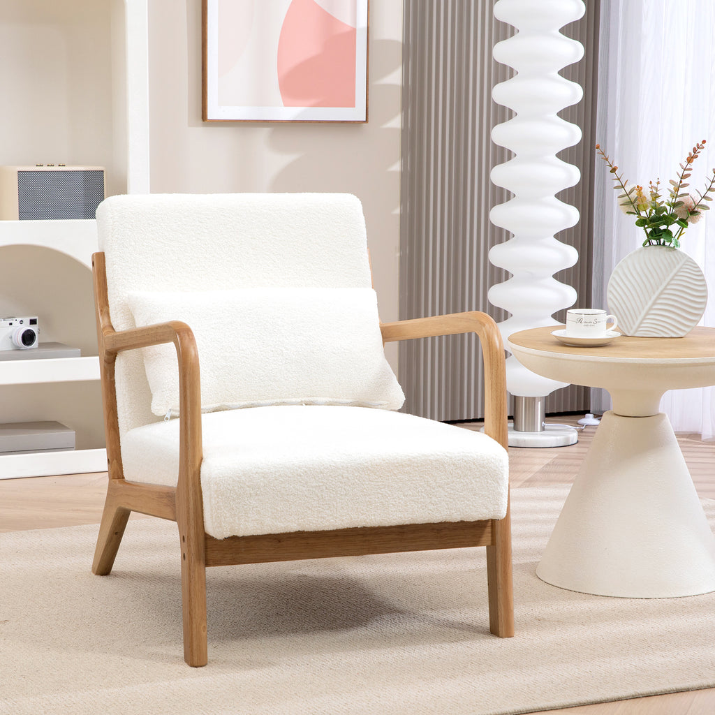 Fauteuil lounge - 3 coussins inclus - assise profonde - accoudoirs - structure bois hévéa - tissu bouclette crème