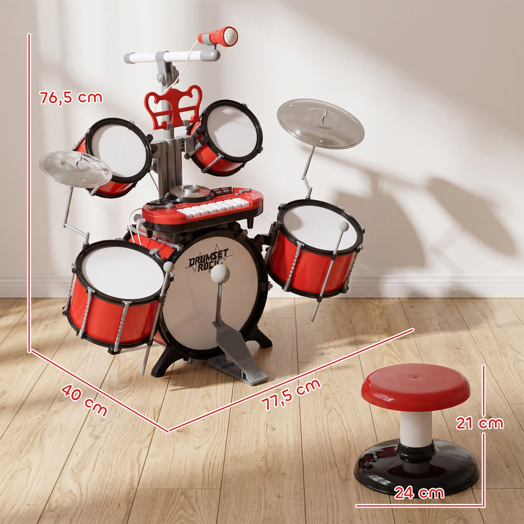 Kit de Batterie pour Enfants avec Tabouret, Clavier Électronique, Microphone, Connecté via USB, 77,5x40x76,5cm, Rouge