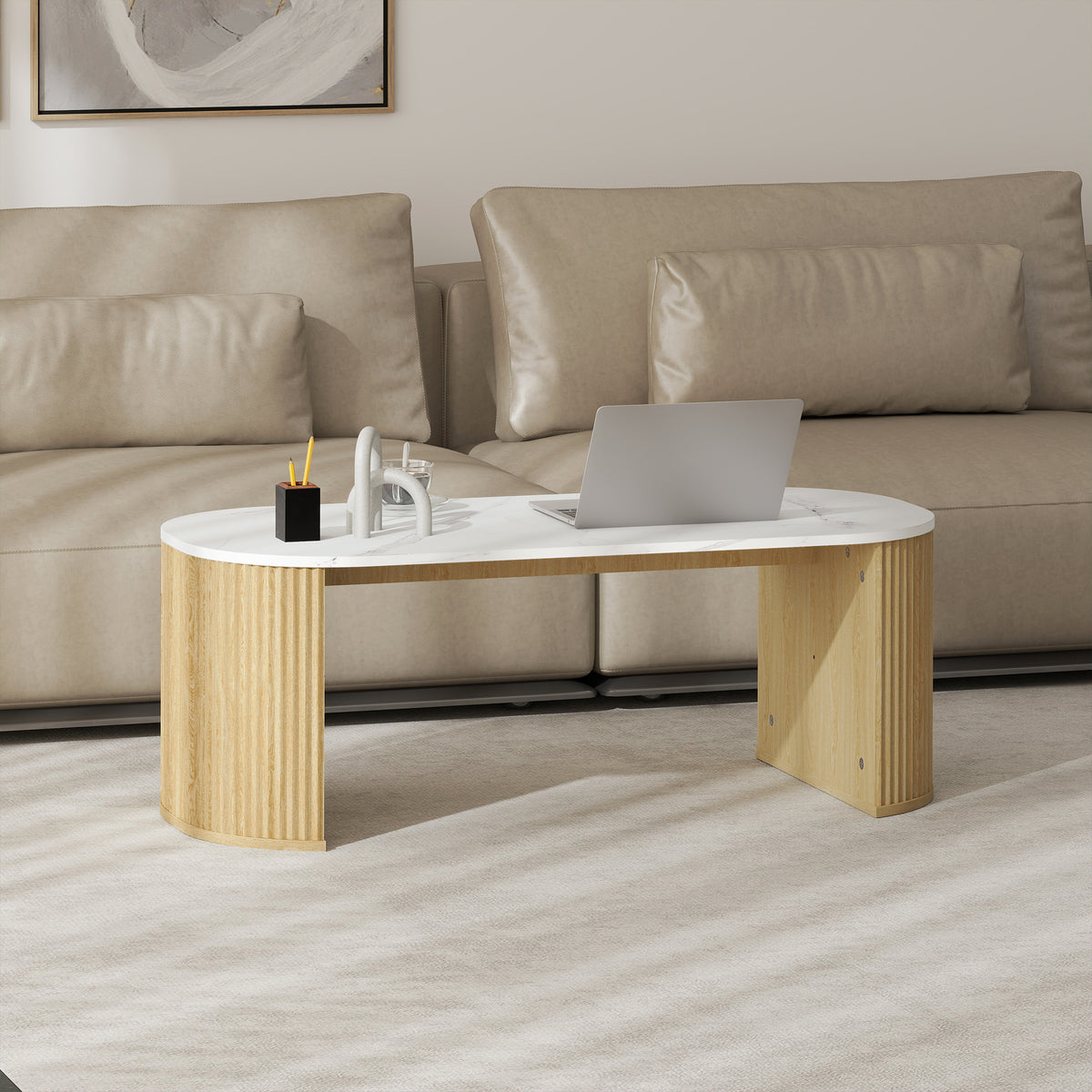 Table basse ovale, table d'appoint aspect effet marbre, coins arrondis pieds épais, 110 x 50 x 40 cm, blanc-6