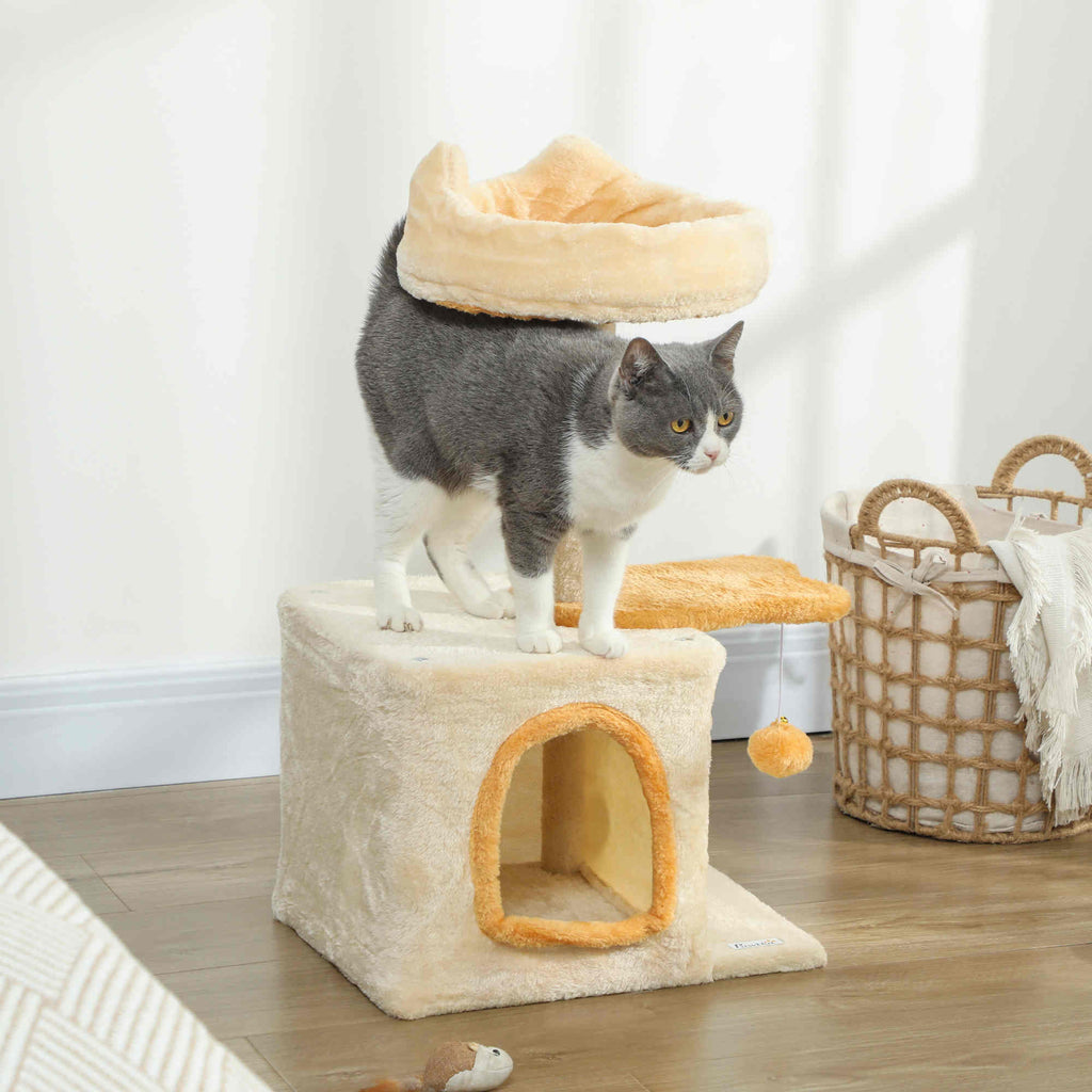 Arbre à Chat 72 cm, Perchoir Doux, Plateforme en Forme de Poisson, Niche en Peluche, Poteaux en Sisal, Balle, Beige-9