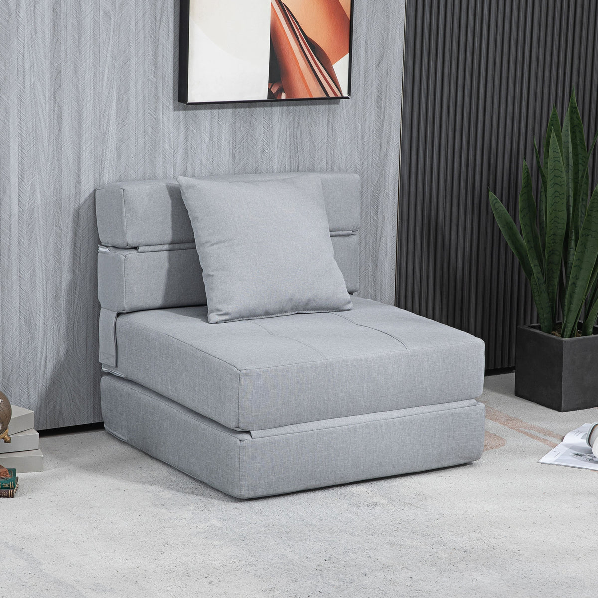Chauffeuse canapé-lit convertible fauteuil 1 place avec 1 coussin déhoussable, tissu gris clair