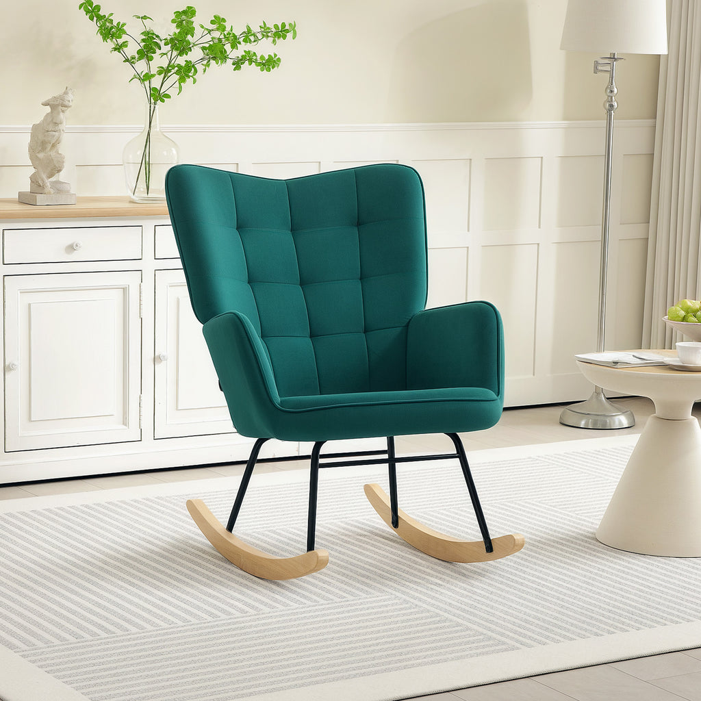 Fauteuil à bascule rocking chair revêtement en velous structure en acier 71 x 98 x 101 cm Vert-6