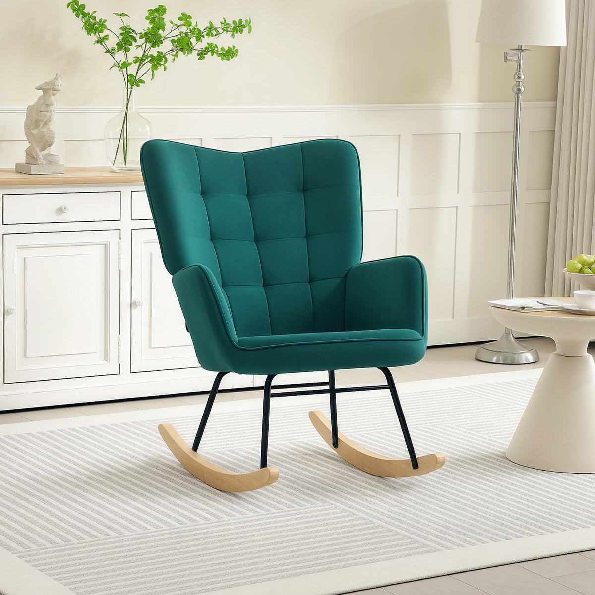 Fauteuil à bascule rocking chair revêtement en velous structure en acier 71 x 98 x 101 cm Vert-6
