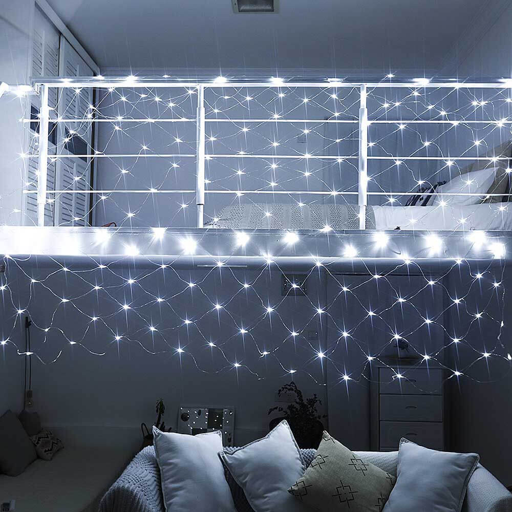 128 LED-es Hálós Fényfüzér – Meleg- és Hidegfehér, 7 Beállítással