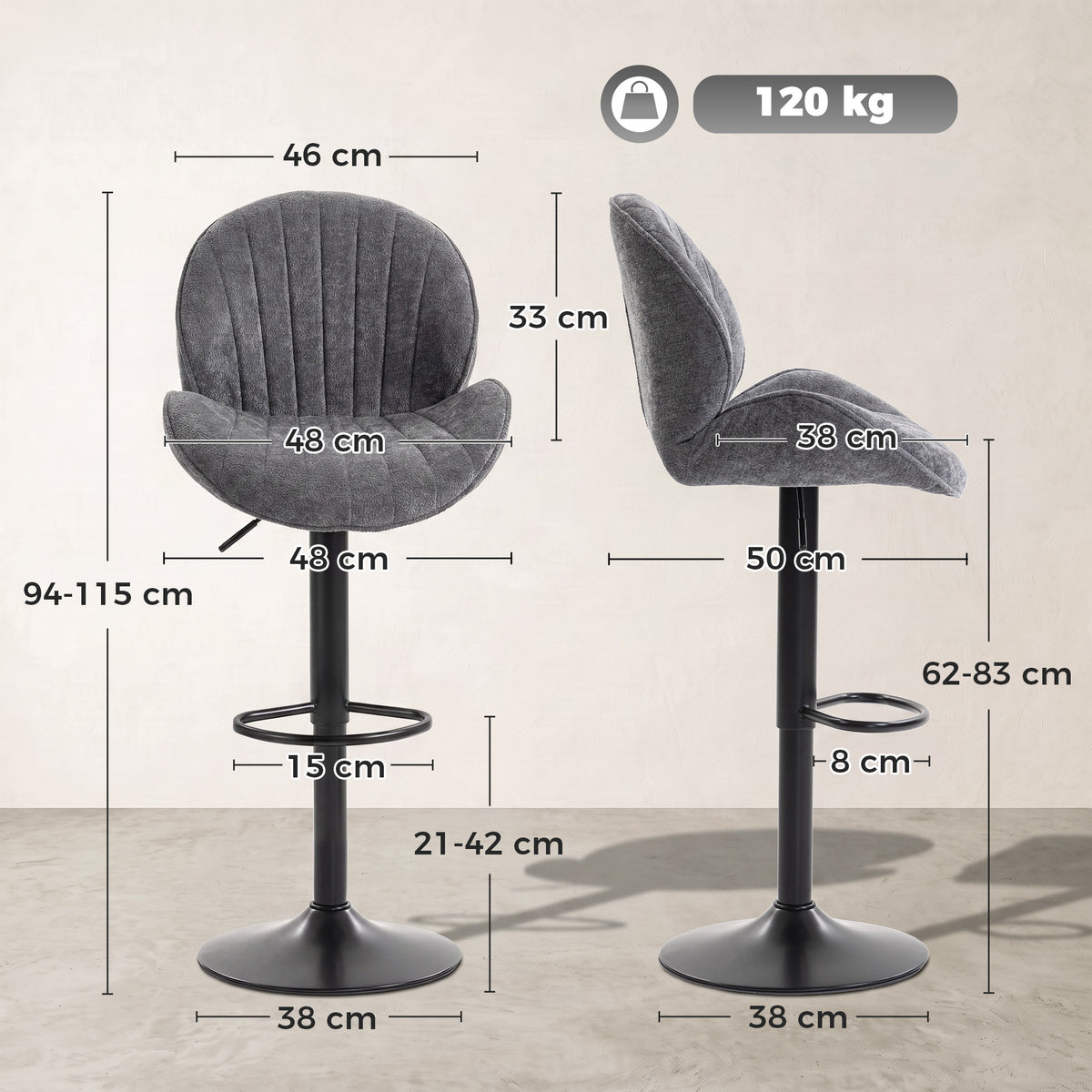 Lot de 2 Tabourets de Bar, Hauteur Réglable, Pivotant 360°, Siège Rembourré, Dossier et Repose-pieds, Gris-2