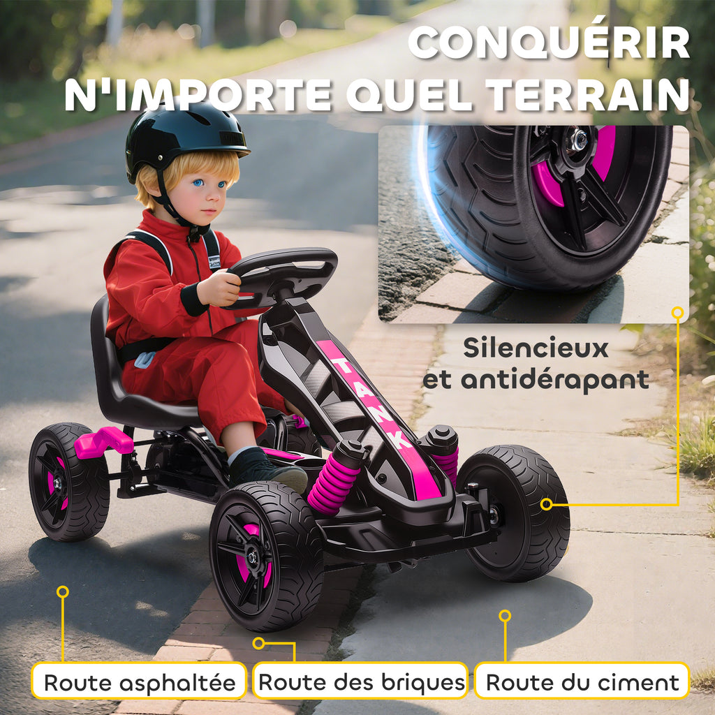 Kart à pédales pour enfants, karting enfant 3 à 6 ans avec roue libre, frein, roues EVA antidérapantes, rose