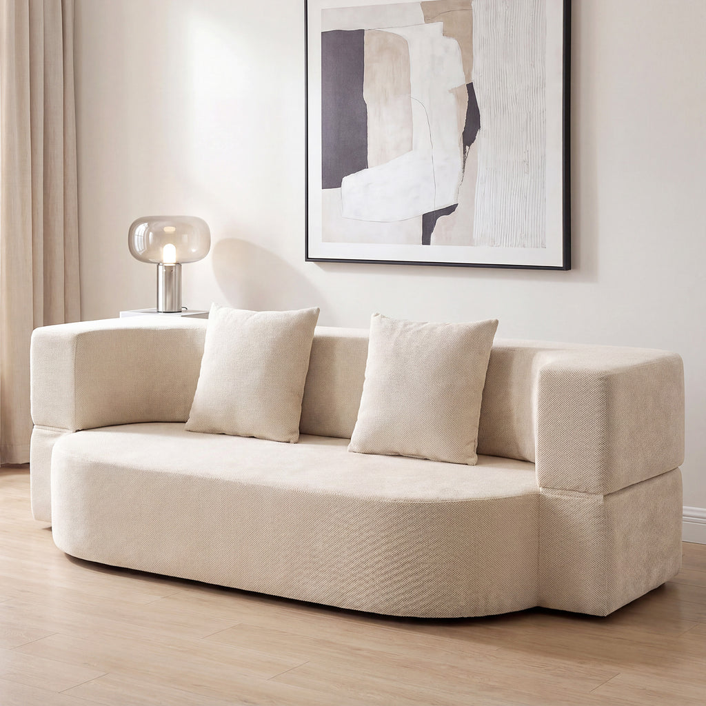 Canapé Convertible 2 Places, Canapé-Lit en Chenille 190cm, Dossier Rabattable, Assise et Accoudoirs Larges, Beige-1