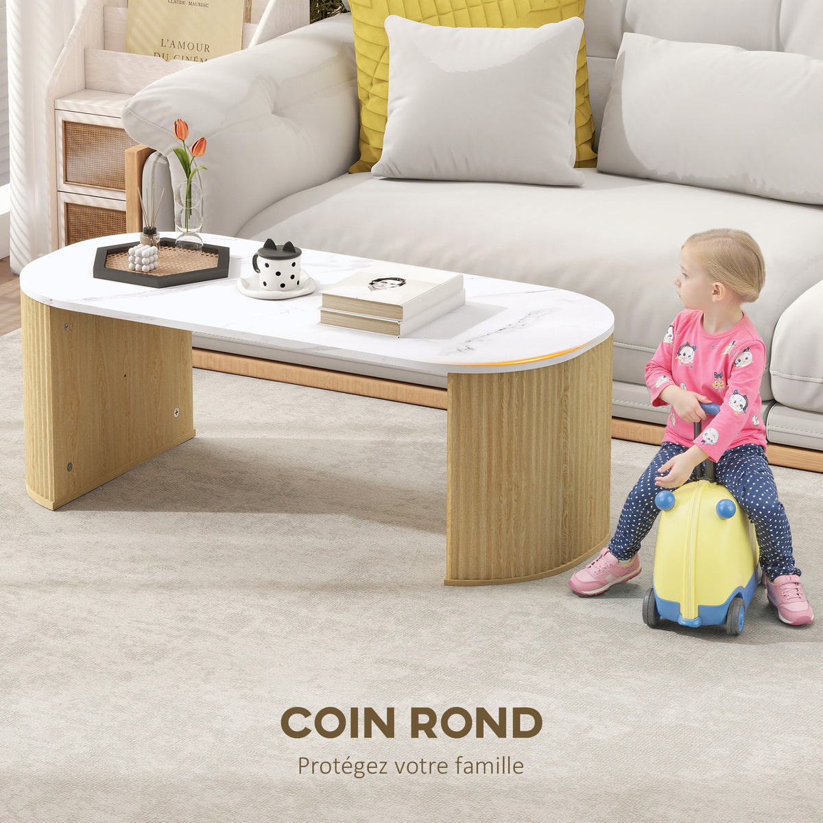 Table basse ovale, table d'appoint aspect effet marbre, coins arrondis pieds épais, 110 x 50 x 40 cm, blanc-5