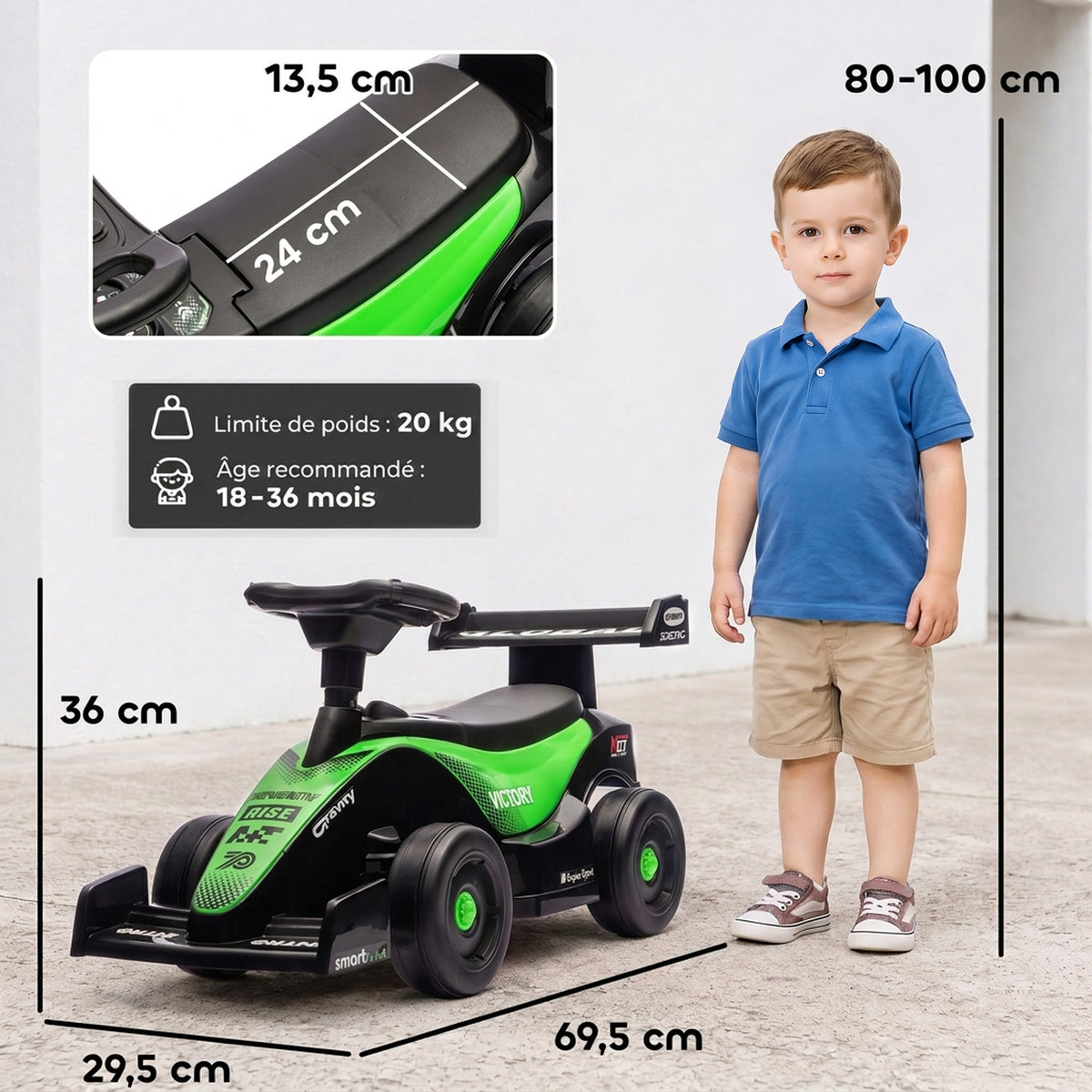Porteur enfants voiture F1, véhicule à pousser avec volant musical, roues silencieuses et coffre, 18-36 mois, vert-2