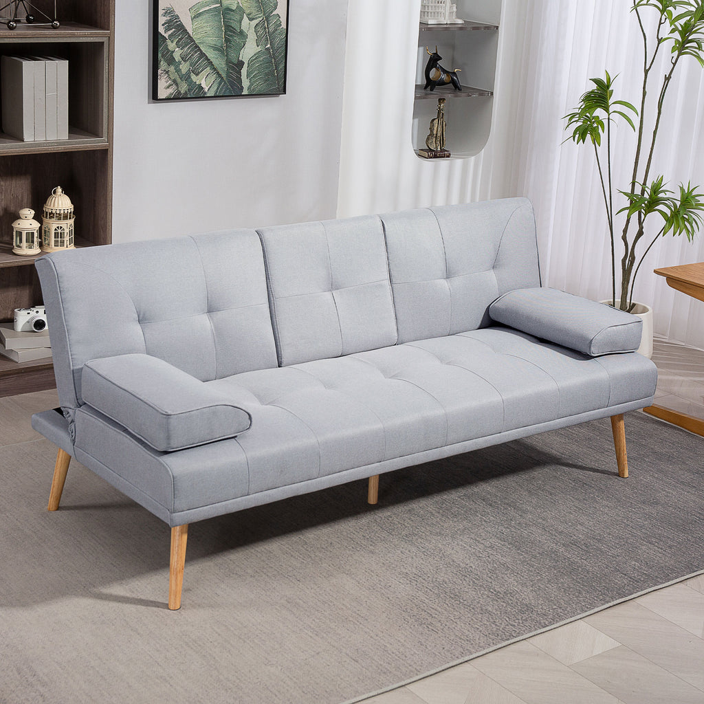 Canapé convertible 3 places, canapé-lit rembourré avec dossier réglable 3 niveaux, 2 coussins et 2 porte-gobelets intégrés, tissu de lin, pour salon, chambre d'amis, petit espace, gris clair
