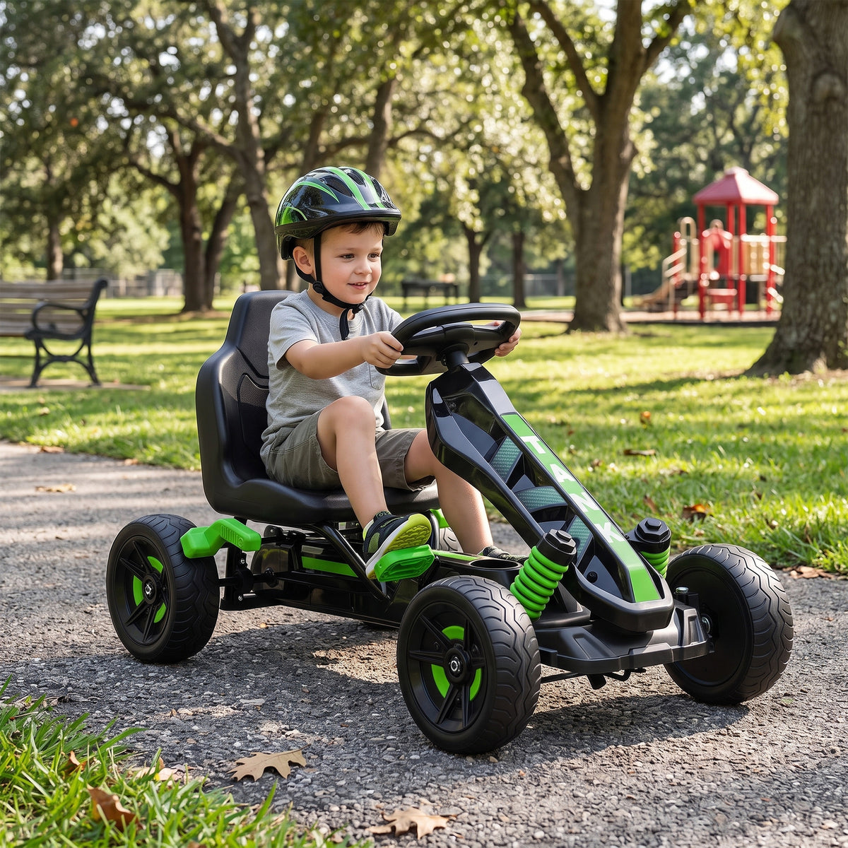 Kart à pédales pour enfants, karting enfant 3 à 6 ans avec roue libre, frein, roues EVA antidérapantes, vert