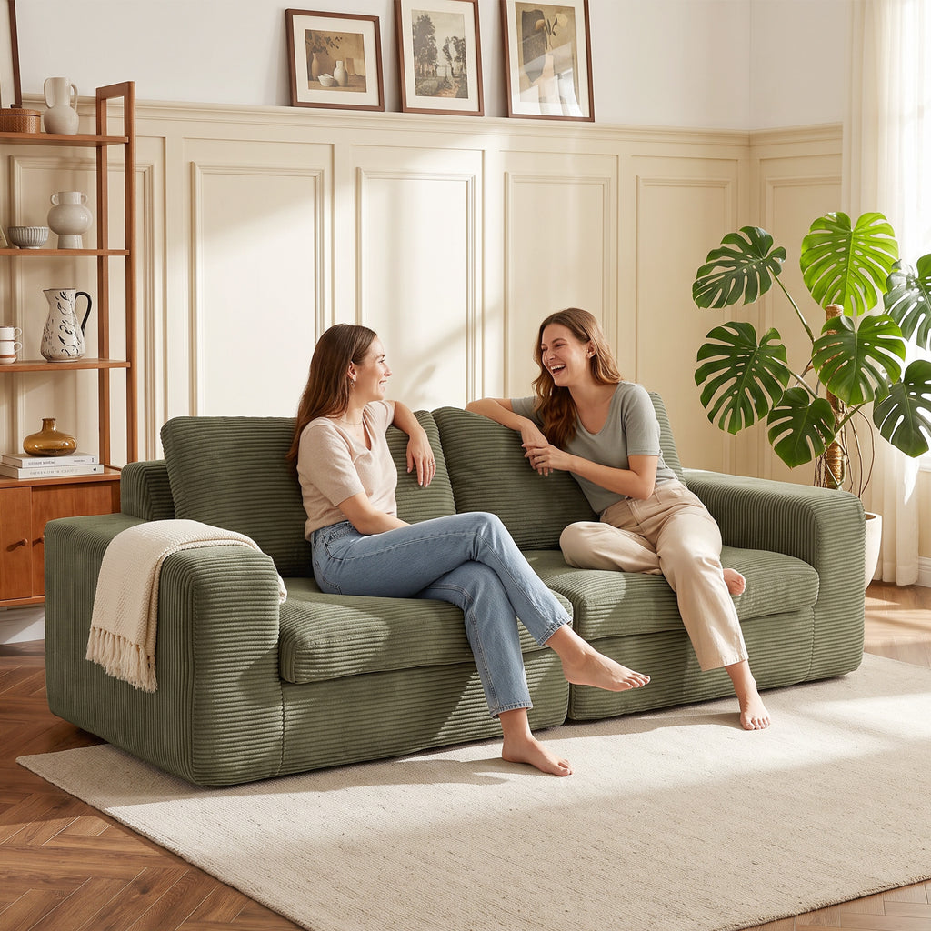 Canapé 3 Places en Velours Côtelé, Canapé de Salon Compressé Moderne 236 cm avec Coussin à Ressorts, Vert