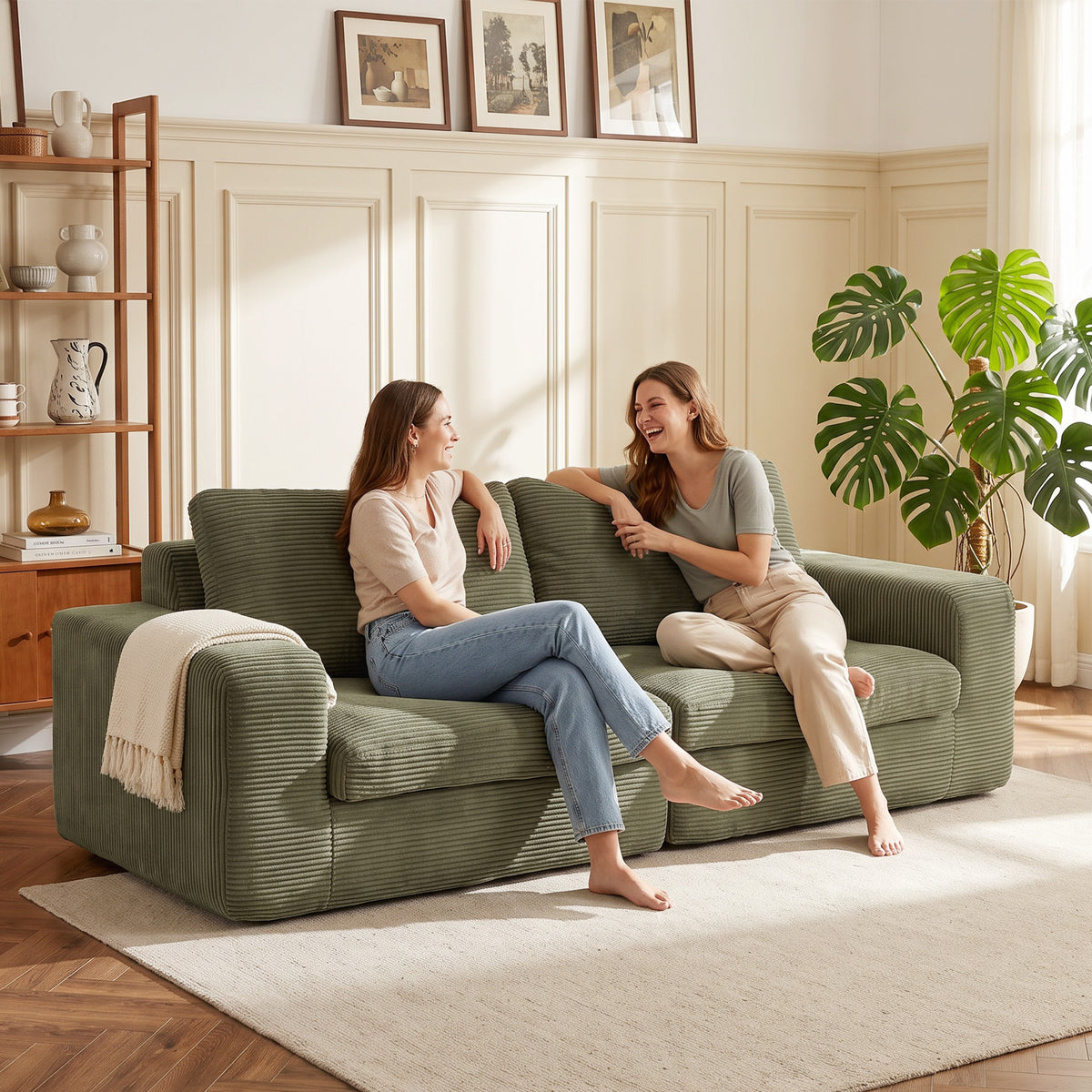 Canapé 3 Places en Velours Côtelé, Canapé de Salon Compressé Moderne 236 cm avec Coussin à Ressorts, Vert