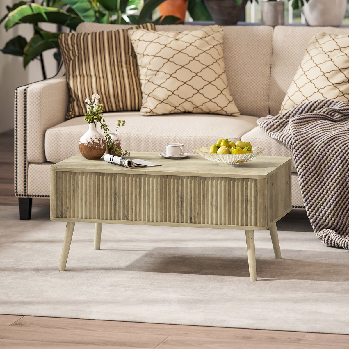 Table basse relevable, table de salon avec 2 compartiments cachés et pieds en pin, 91 x 56 x 43 cm, chêne-9