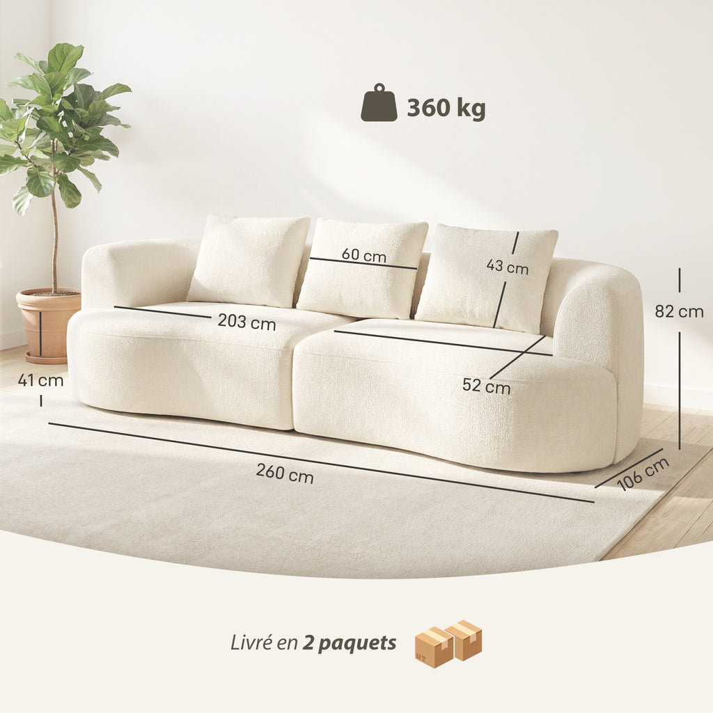 Canapé 3 places en chenille 260 cm, canapé salon, assise large, 3 coussins, pas de montage nécessaire, crème