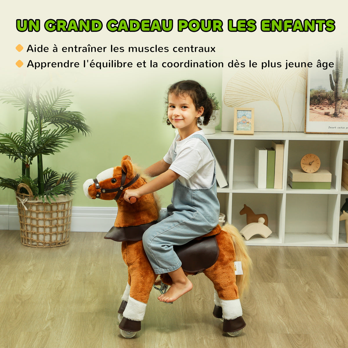 Cheval à monter pour enfant cheval à roulettes selle surélevée pour enfants 3-5 ans charge 60 kg 70 x 28 x 70 cm marron