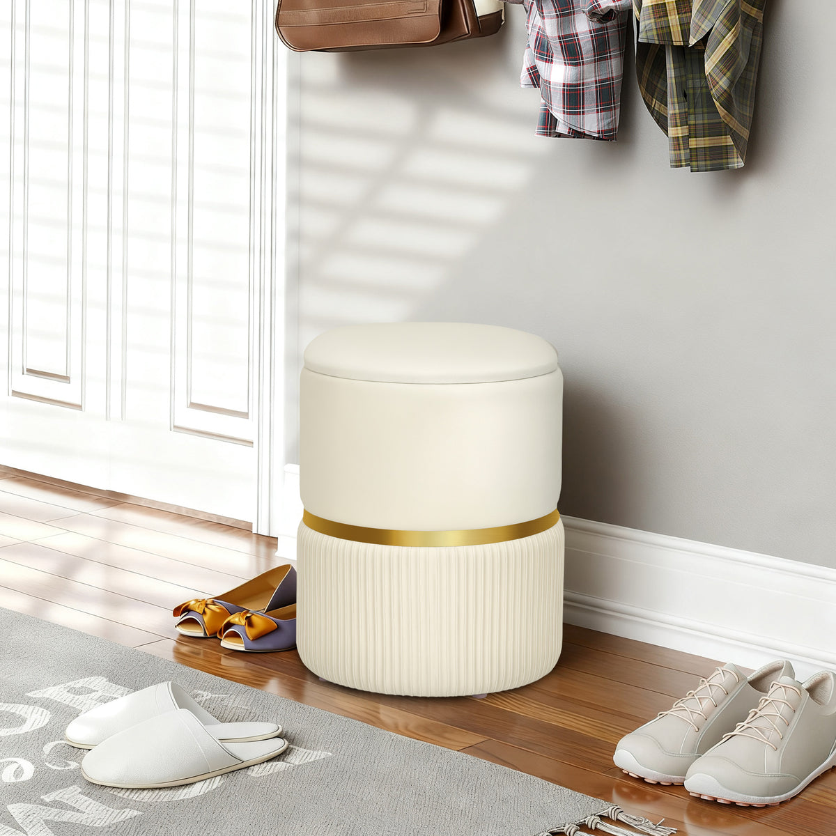 Pouf tabouret repose-pied coffre de rangement en velours côtelé 36 x 36 x 44 cm pour salon chambre beige-9