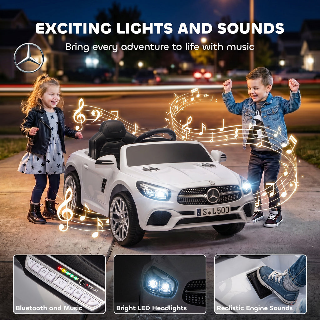 Voiture Électrique Enfants 12V Mercedes-Benz SL500, 3-5 km/h, 2 Moteurs, Télécommande 2,4G, pour 3-5 Ans, Blanc
