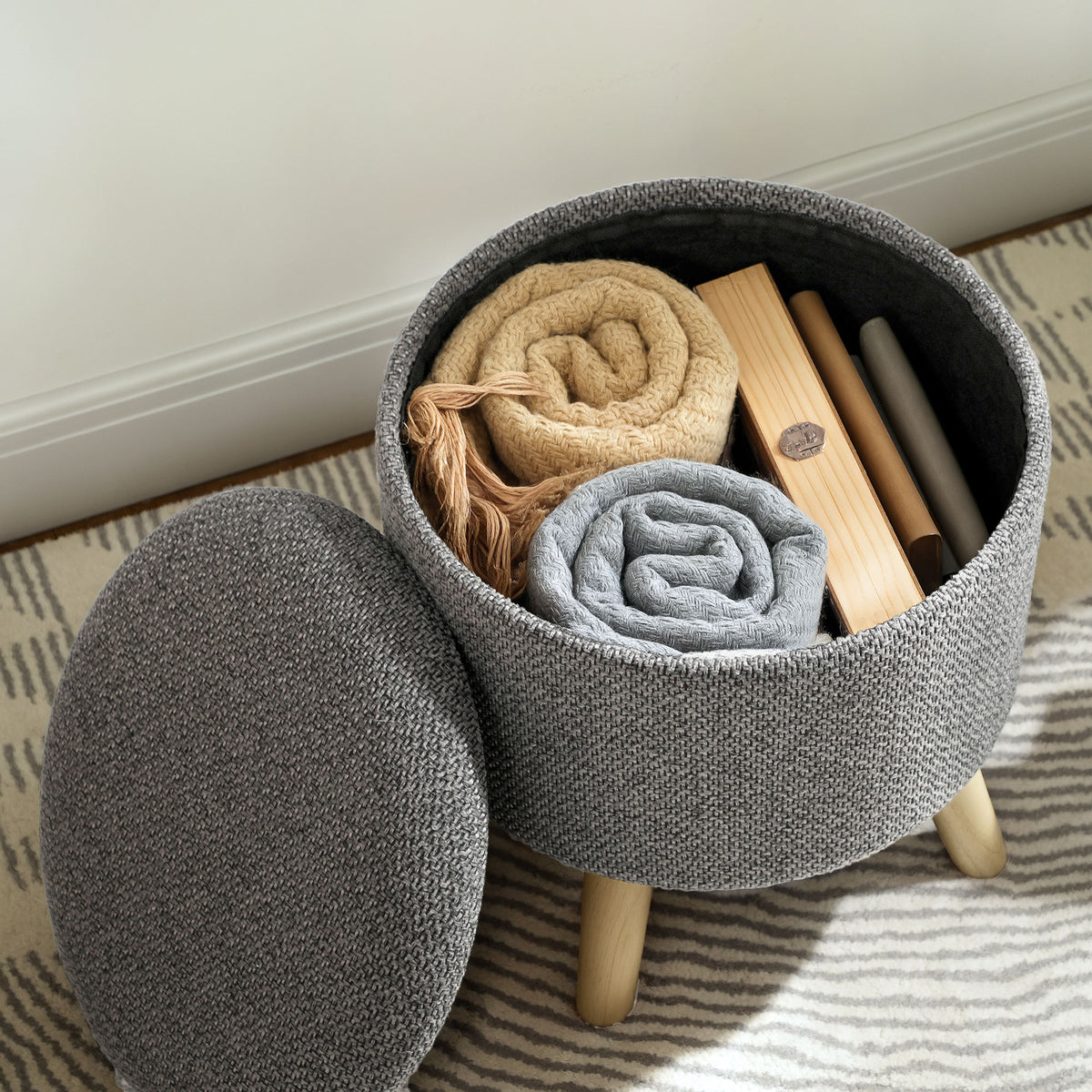Pouf rond repose-pieds tabouret avec coffre de rangement pieds en bois design moderne gris-8