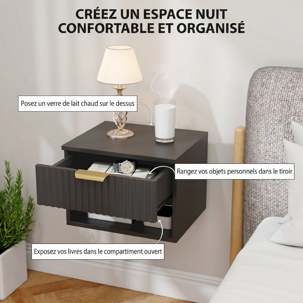 Lot de 2 tables de chevet suspendues, tables de nuit murales avec tiroir et niche, moderne, 40x34x29cm, noir-4
