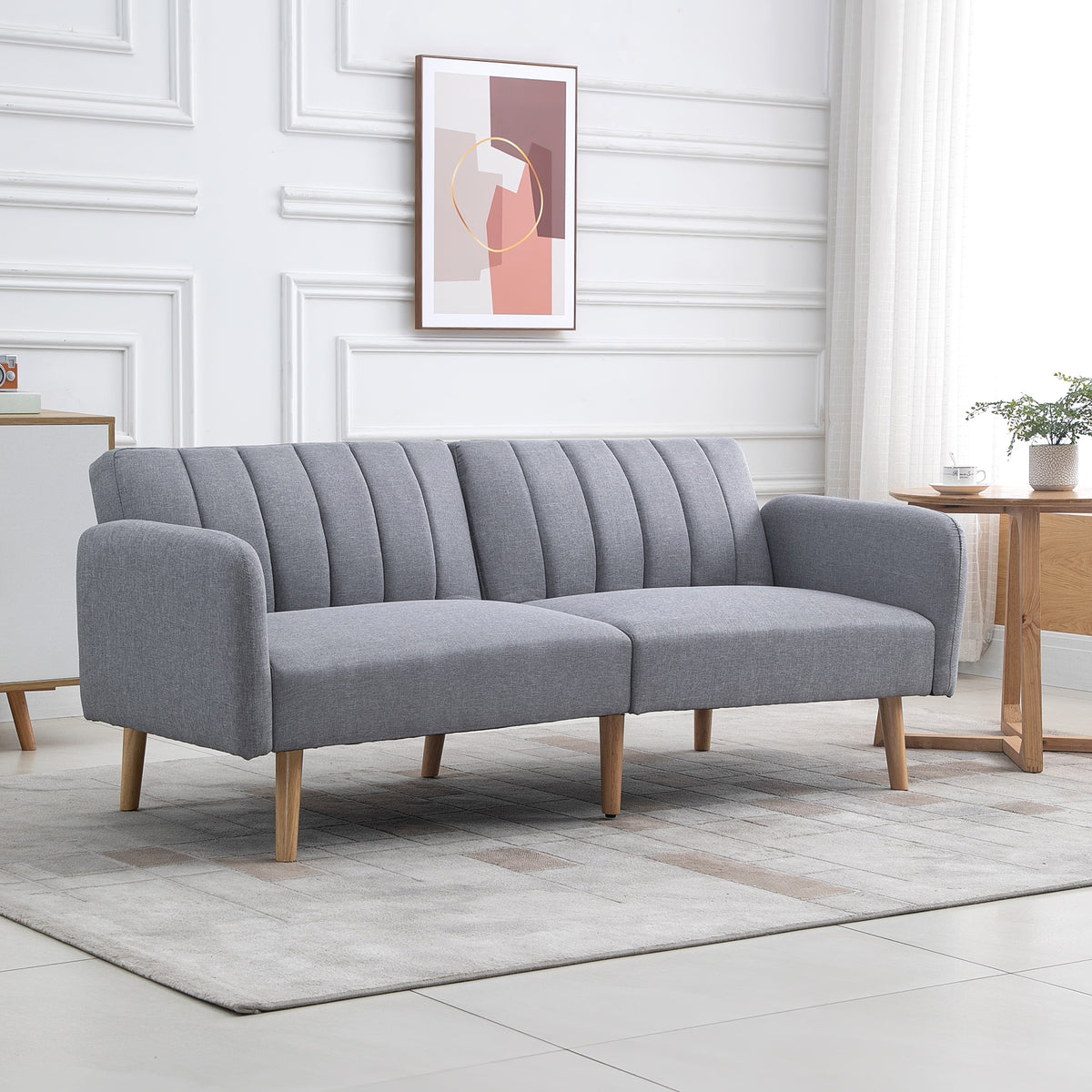 Canapé Convertible 2 Places Design scandinave Dossier inclinable 3 Positions Pieds Bois Tissu Aspect Lin Gris