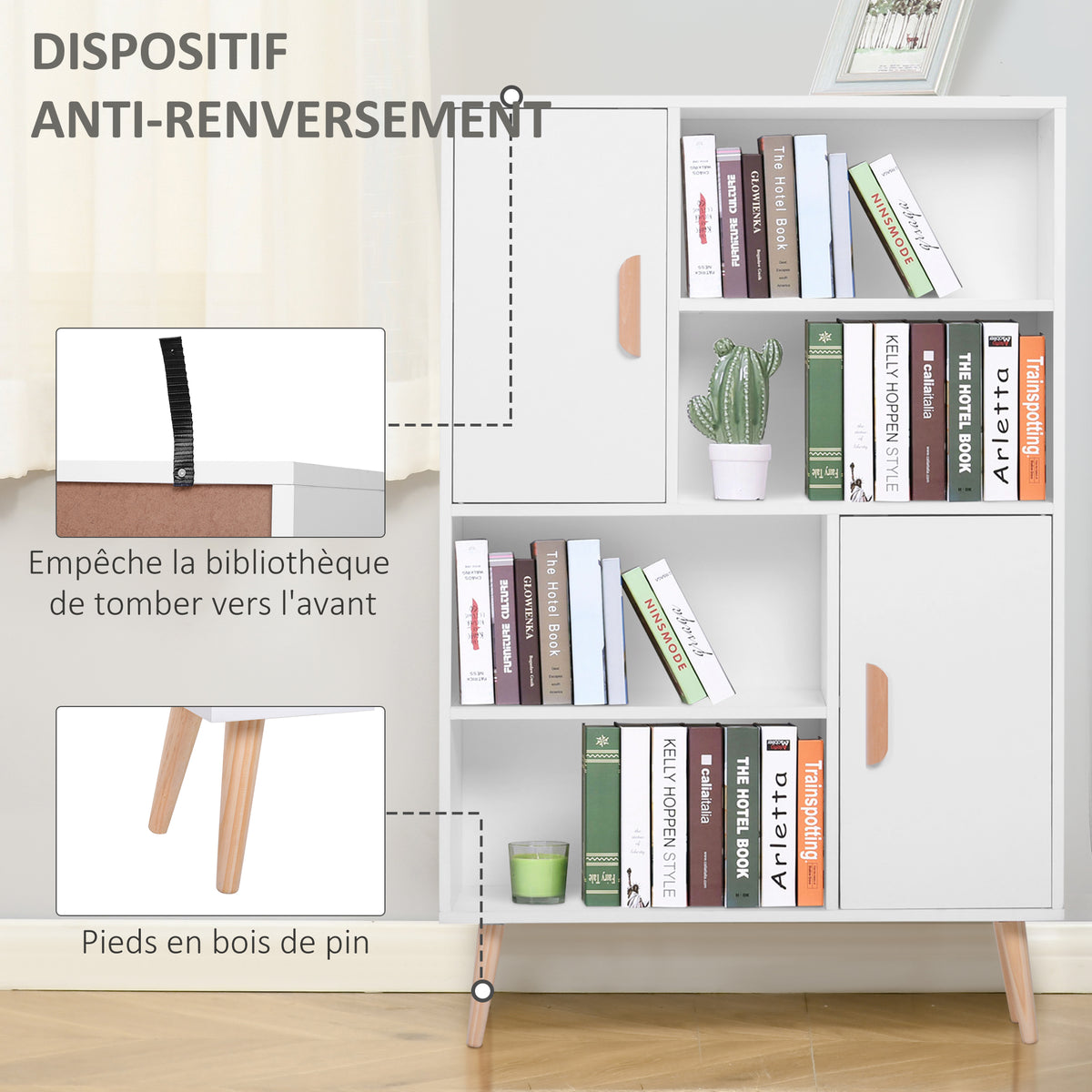 Bibliothèque scandinave 4 niches + 2 placards avec étagère dim. 80L x 24l x 123H cm Pieds effilés inclinés Bois Massif Panneaux Particules Blanc-5