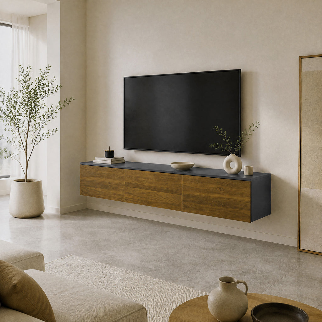 Meuble TV Suspendu ou sur Pied 160 cm pour Téléviseur 65 Pouces, Porte à fermeture, Passe-câbles, Noyer-8