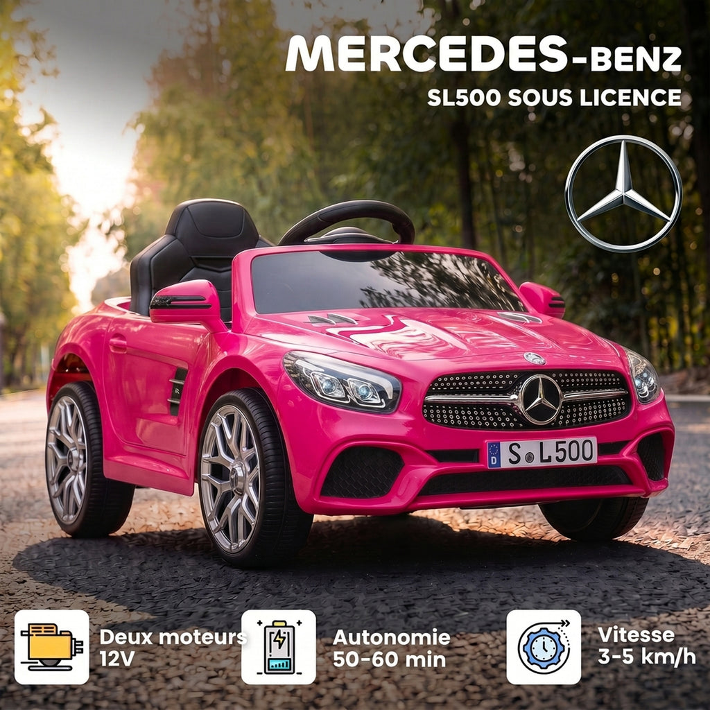 Voiture Électrique Enfants 12V Mercedes-Benz SL500, 3-5 km/h, 2 Moteurs, Télécommande 2,4G, pour 3-5 Ans, Rose
