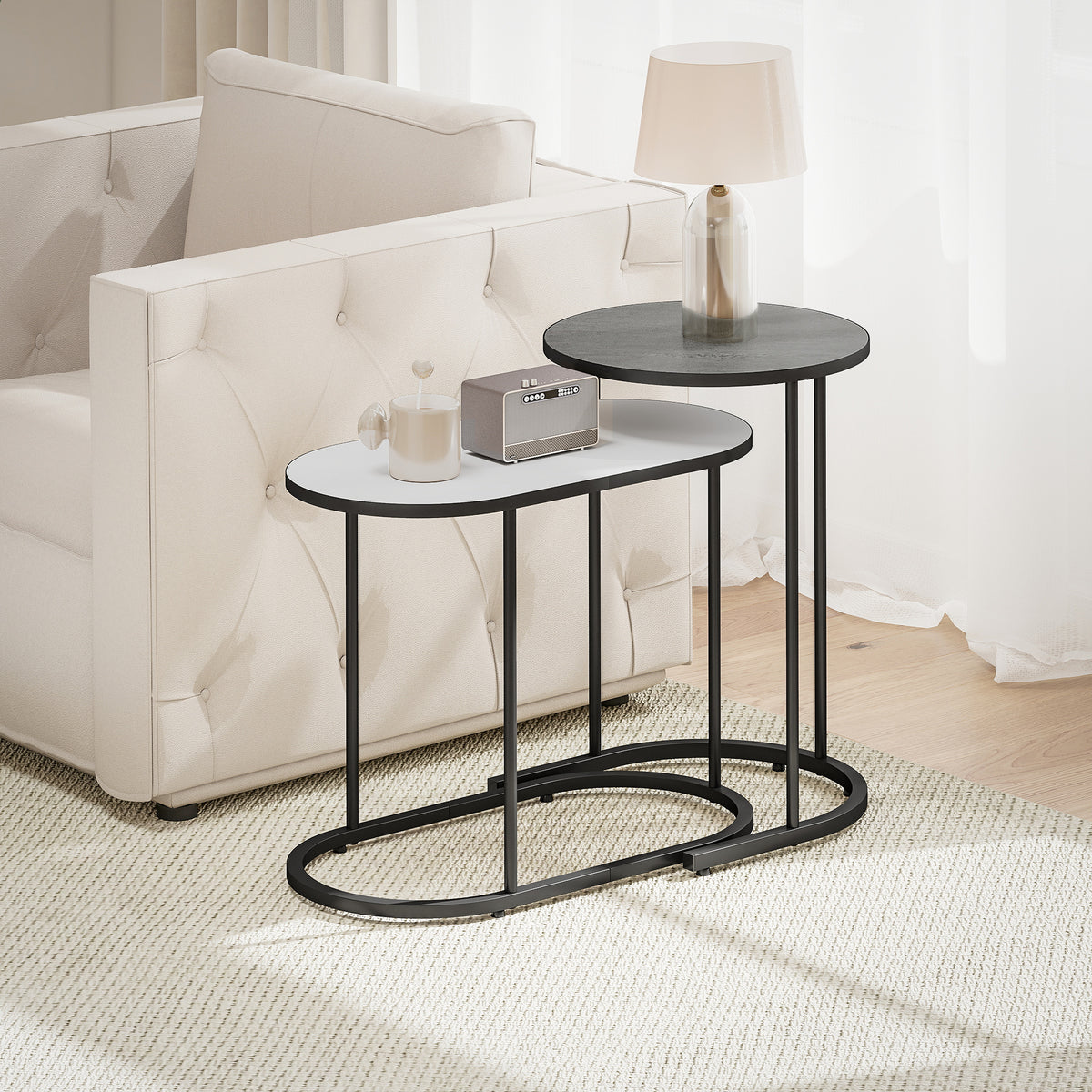 Lot de 2 tables basses gigognes, tables d'appoint empilable style contemporain, cadre en métal gris et blanc-9
