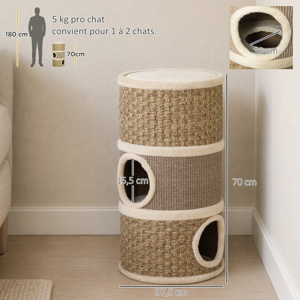 Tonneau à Gratter pour Chat, Arbre à Chat Sisal Naturel et Herbiers Marins Recouvert de Peluche, 37,5 x 37,5 x 70 cm, Kaki et Café-2