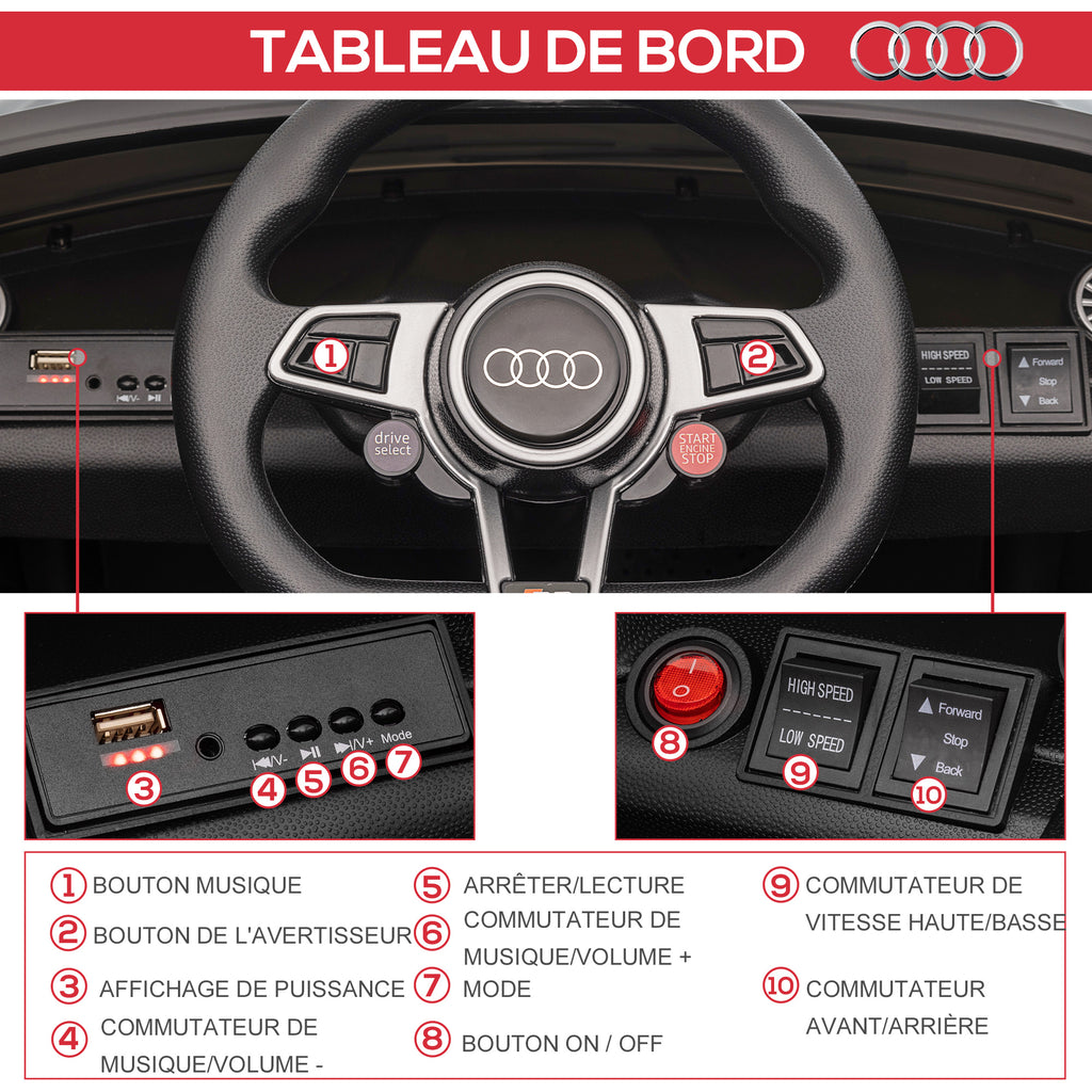 Voiture électrique enfant véhicule électrique enfant Audi TT RS 12 V 30 W V. Max. 3 Km/h télécommande 2,4G Effets sonores + Lumineux Noir