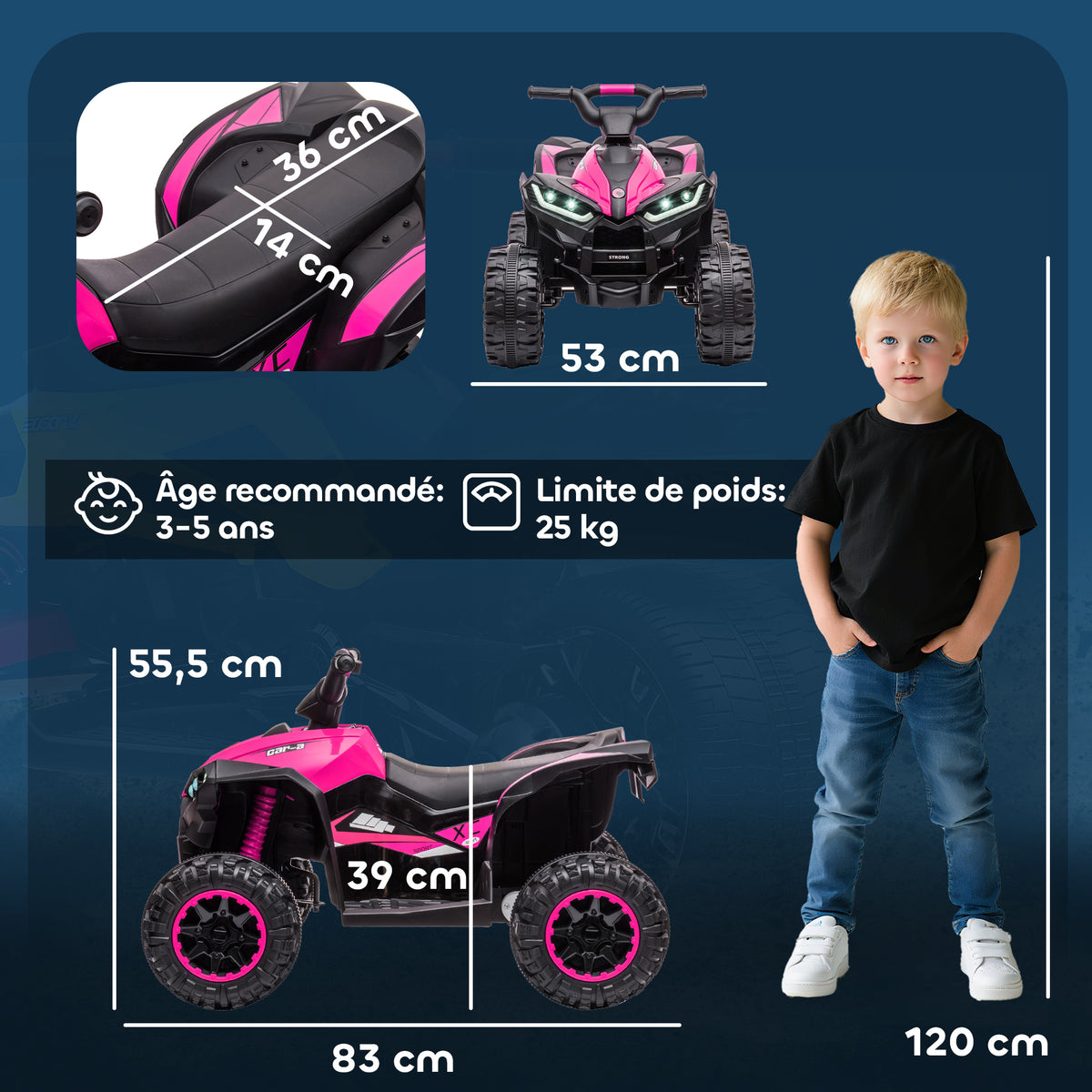 Quad buggy électrique enfant 12 V 6 Km/h max. effets lumineux selle pour enfant 3-5 ans métal PP noir rose