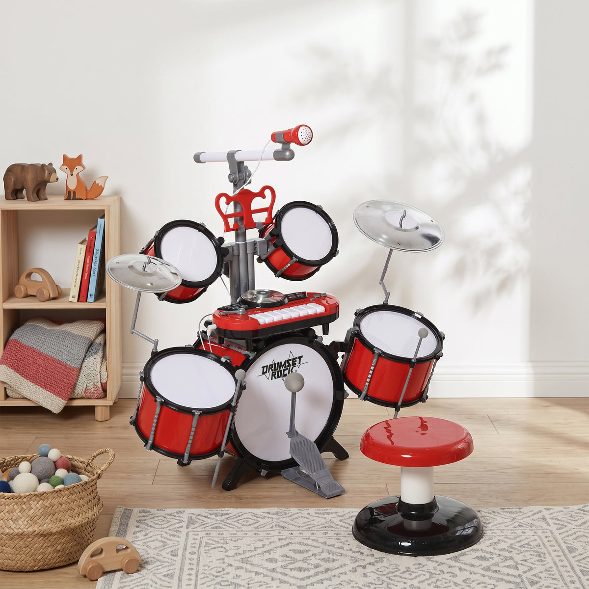 Kit de Batterie pour Enfants avec Tabouret, Clavier Électronique, Microphone, Connecté via USB, 77,5x40x76,5cm, Rouge