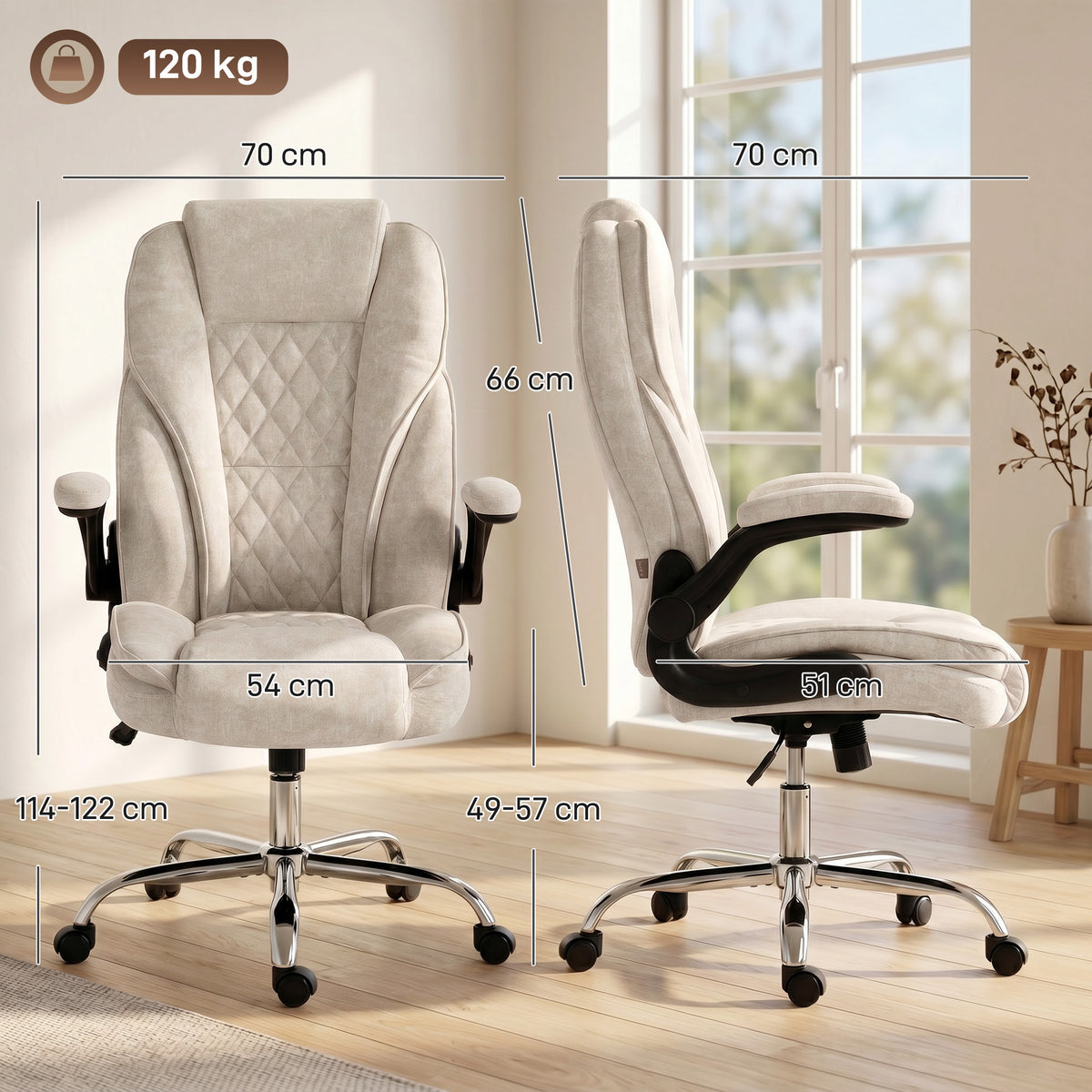 Fauteuil de bureau, chaise bureau ergonomique, hauteur réglable, accoudoirs relevables, 70 x 70 x 114-122 cm, beige-2
